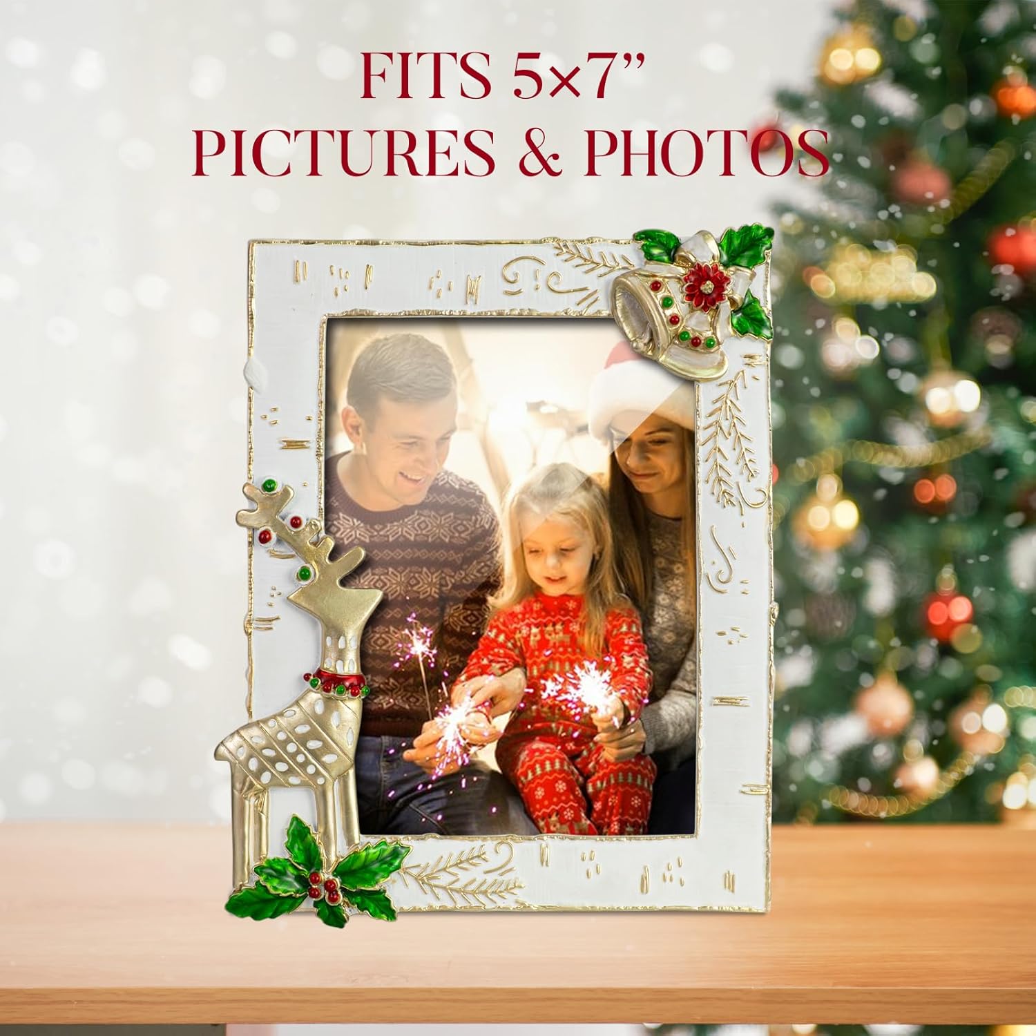 2025 Christmas Decorations Picture Frame 5x7 Christmas Photo Display Photo Frames with High Definition Glass Front Gift Ideas Tabletop Home Decorative (Reindeer)