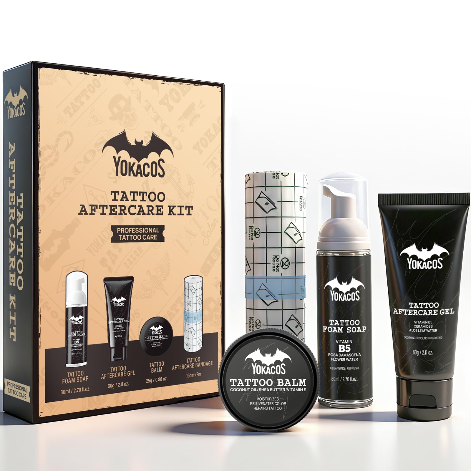 4 in 1 Kit di cura tatuaggio professionale tatuaggio aftercare | Morbido e lenitivo, crema riparatrice, gel lenitivo, schiuma detergente e fascia di protezione, per tatuaggio fresco e antico