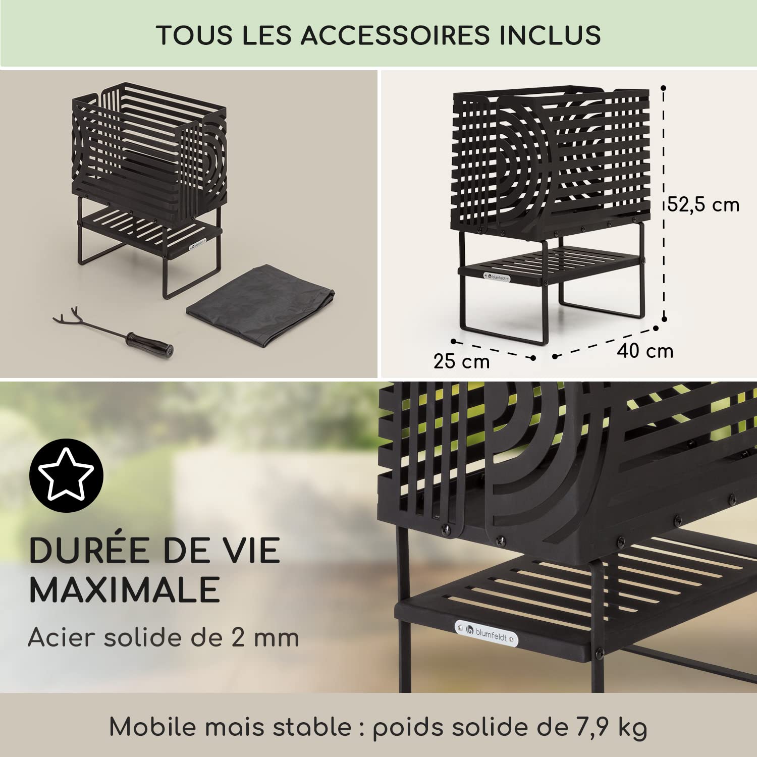 Blumfeldt Brasero Exterieur pour Le Jardin et Terrasse, Brasero Portable, Couvercle Pare-Etincelles, Bol en Acier, BBQ Circulaire avec Foyer Camping, Brûleur à Bois Résistant aux Intempéries