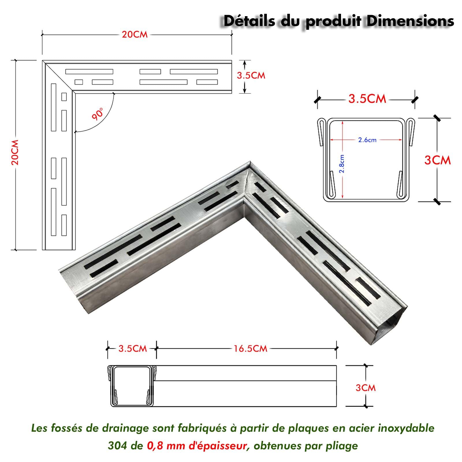 Caniveau Terrasse Coin De 3,5 Cm De Large à 90°avec Raccord