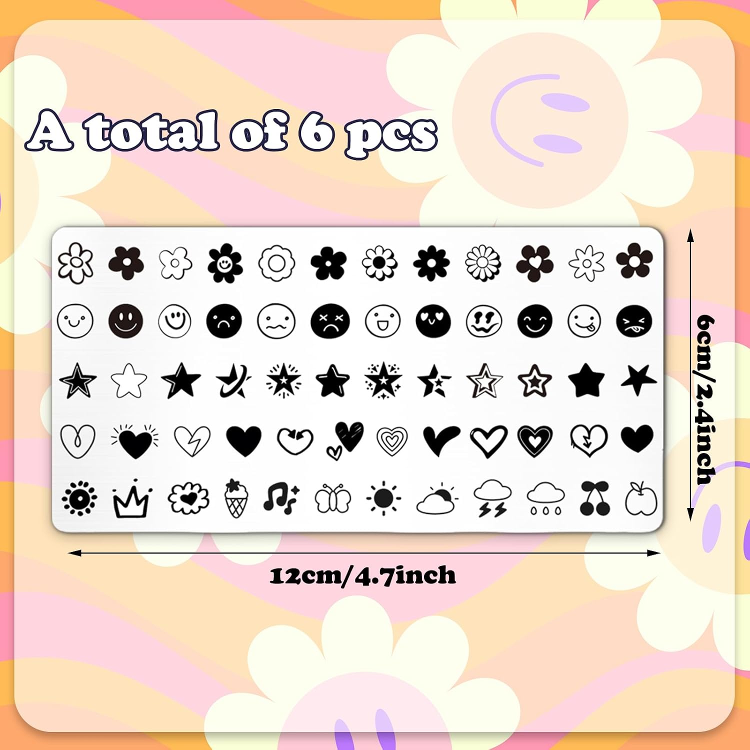 Whaline 6Pcs Preppy Nail Plates Stamping Set Flower Smile Face Star Heart Butterfly Stamp Templates Groovy Nail Art Plates for DIY Print Manicure Salon Design