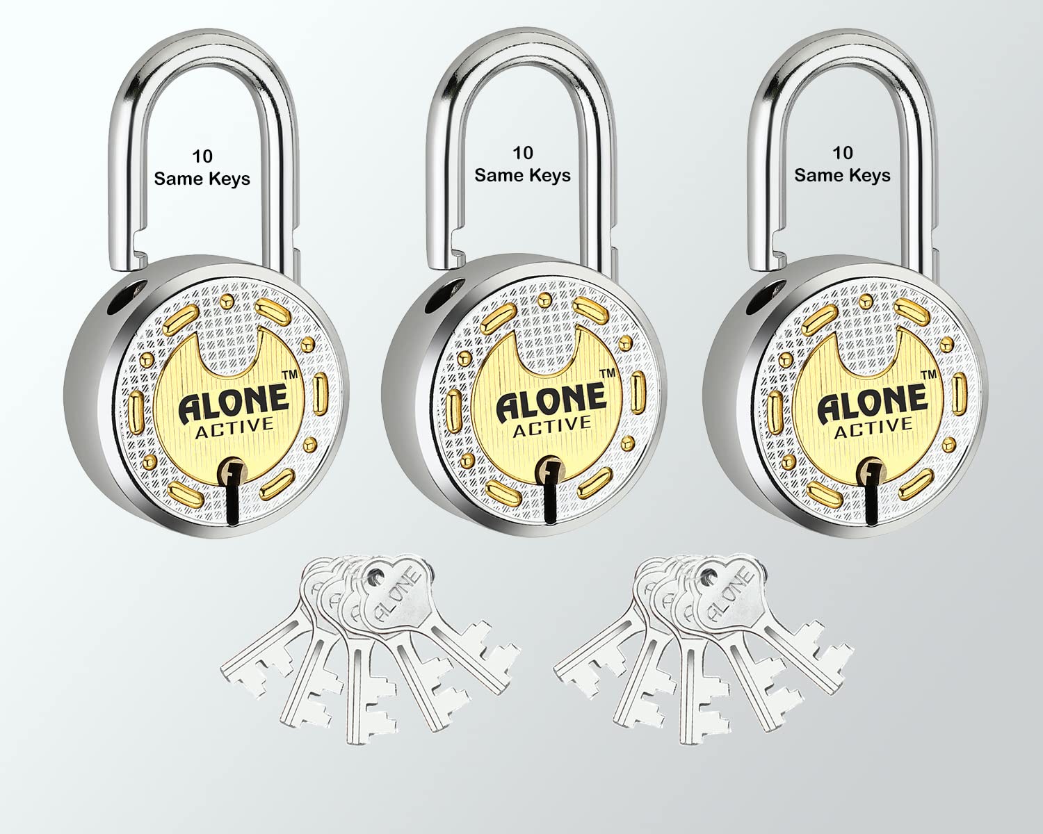 Alone 3 Padlock 65mm Brass Gold 10 Common Keys | Hard Shackle Double Locking | Locks for Home Door Main gate Shop Shutter Grill, Finishing Dust & Rust Proof (10 Same Keys 65mm Brass Gold Pack of 3)-image-42