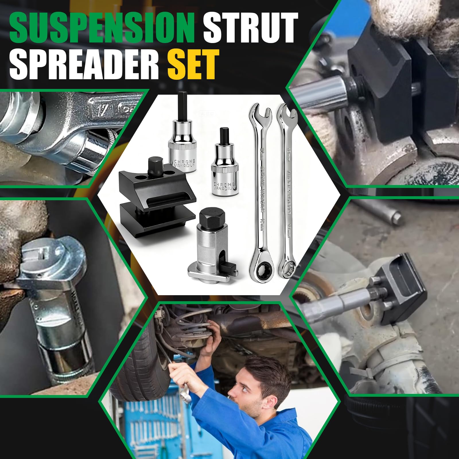 Mumjooyi Set di Divaricatori per Ammortizzatori Comprensivo di Divaricatori Universali Corti e Lunghi per Alloggiamenti dei Cuscinetti delle Ruote Chiave a Cricchetto e Chiave Standard