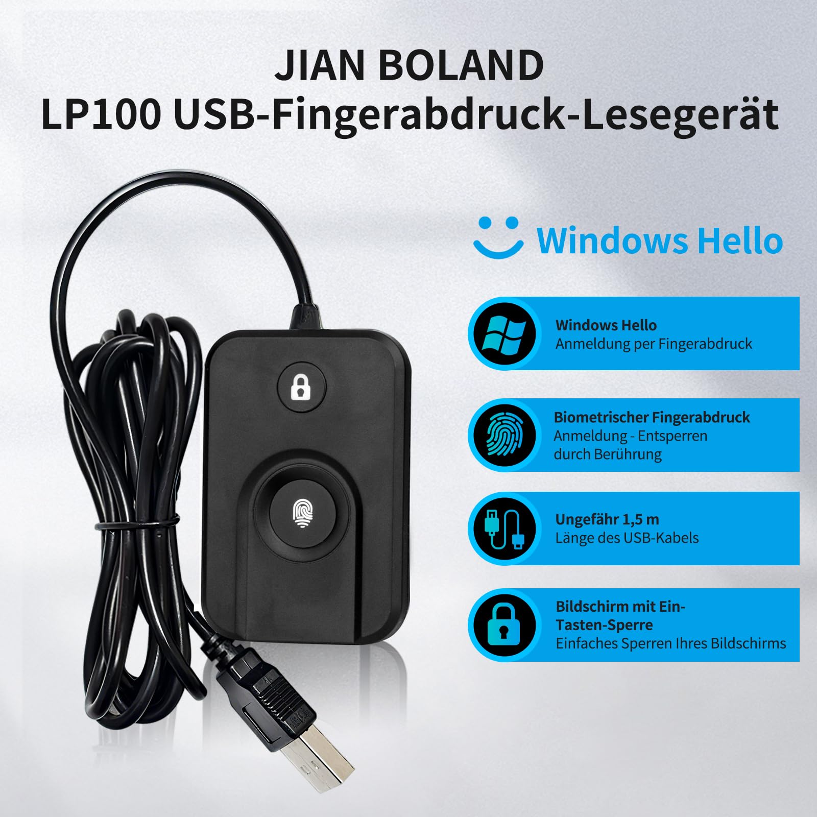 JIANBOLAND Lecteur d'empreintes digitales USB pour Windows 10/11, lecteur d'empreintes digitales Windows Hello écran de verrouillage en un clic, configuration du pilote de voiture avec câble de 5 m