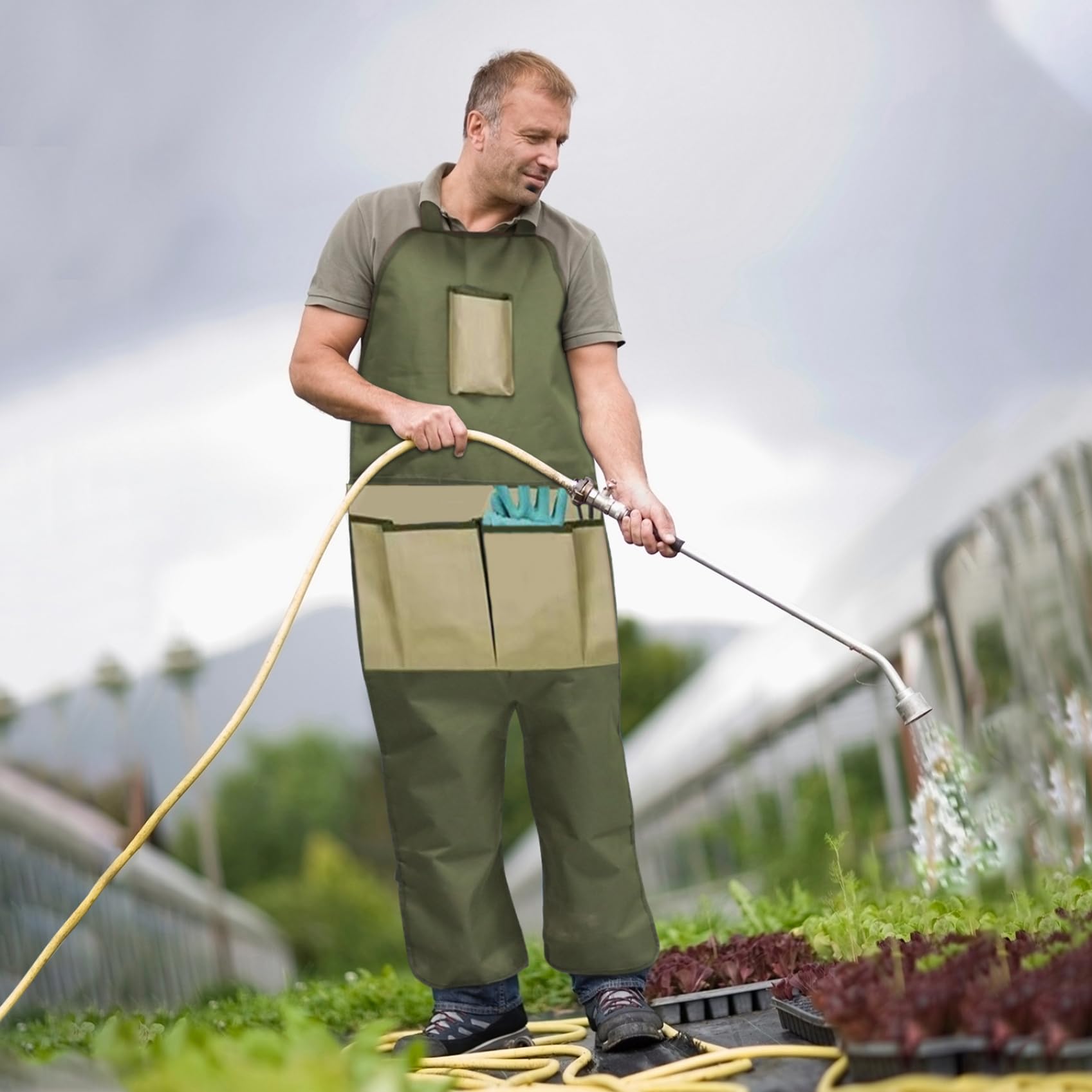 Tablier de jardinage, tablier de jardin avec poches pour femmes et hommes, tabliers travail protection jambe longue, tabliers à outils à jambes fendues, sac cueillette fruits