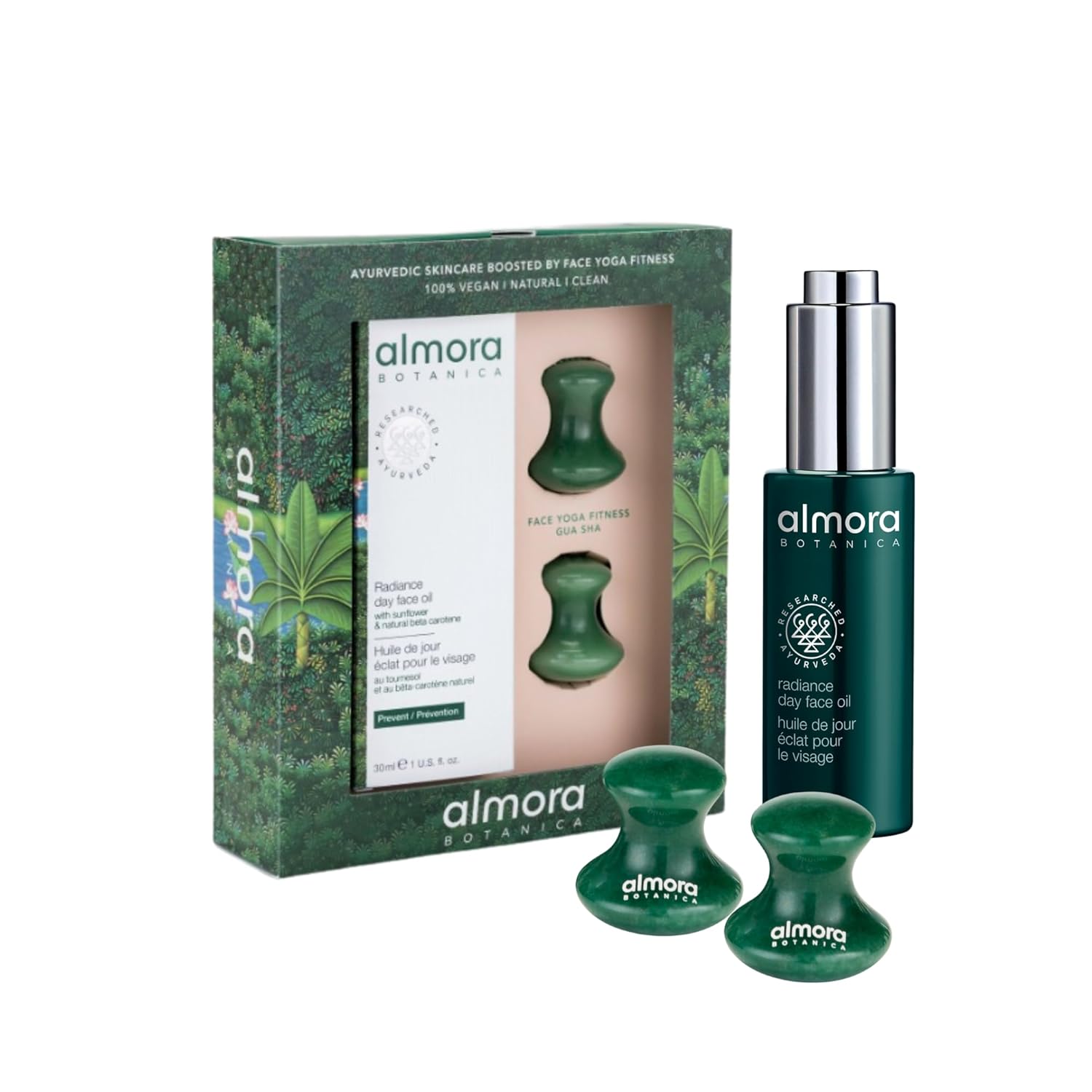 Radiant Glow Gift Set – 3 Piece | Radiance Day Face Oil (30 mL) & Two Aventurine Green Gua Sha Stones | Ayurvedic Skincare & Face Yoga Ritual | Clean, Vegan Beauty Gift