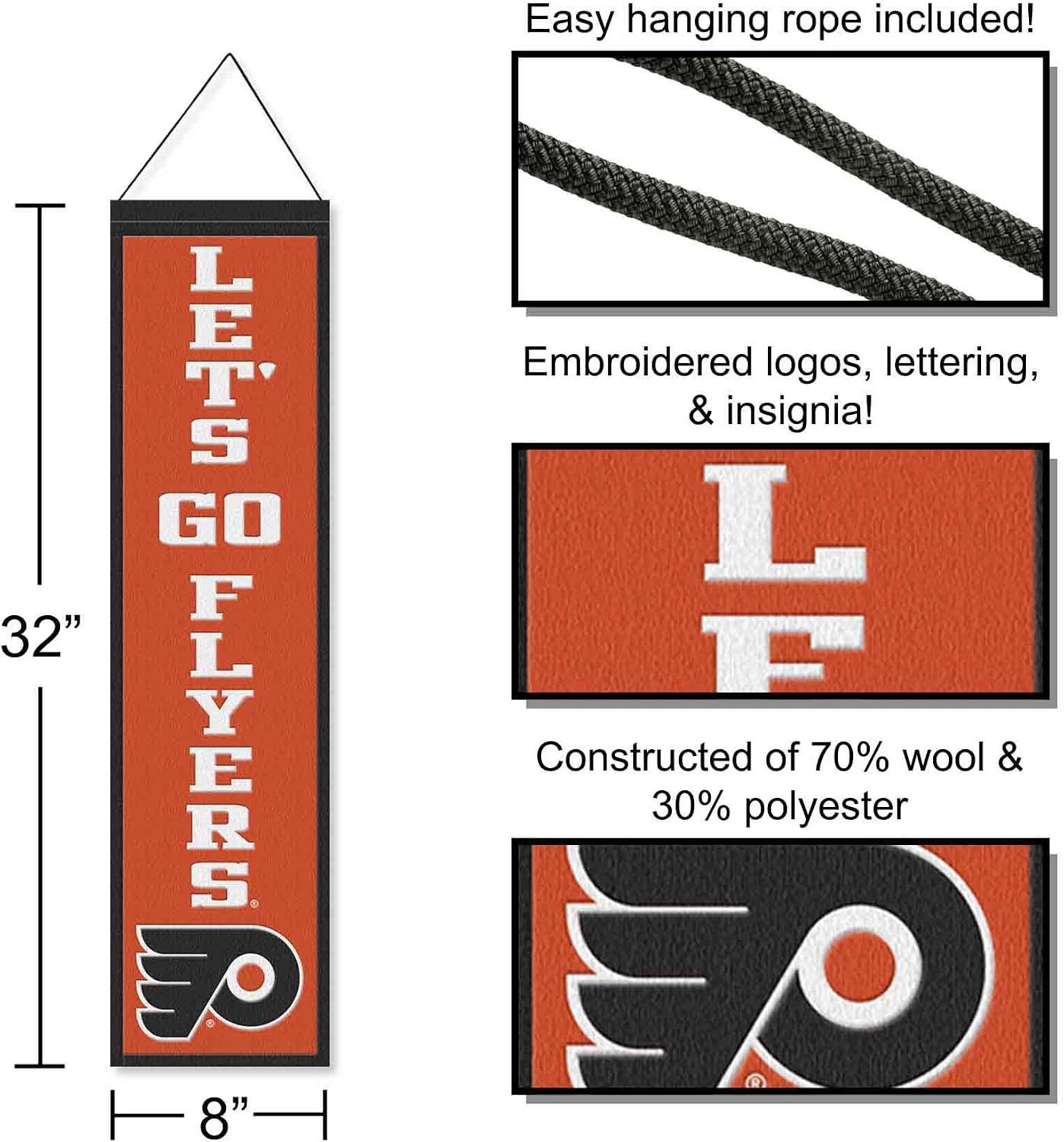WinCraft Philadelphia Flyers Let's Go Flyers 8x32 Inch Vertical Wool Embroidered Hanging Banner