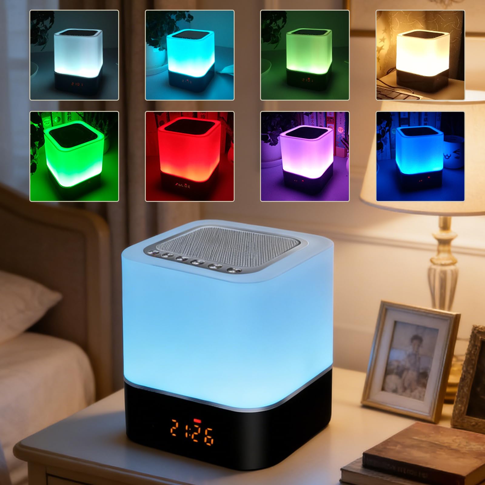 BORDEAG Altoparlante Bluetooth Sveglia con Luce LED Touch, Lampada da Comodino Dimmerabile, Lettore MP3
