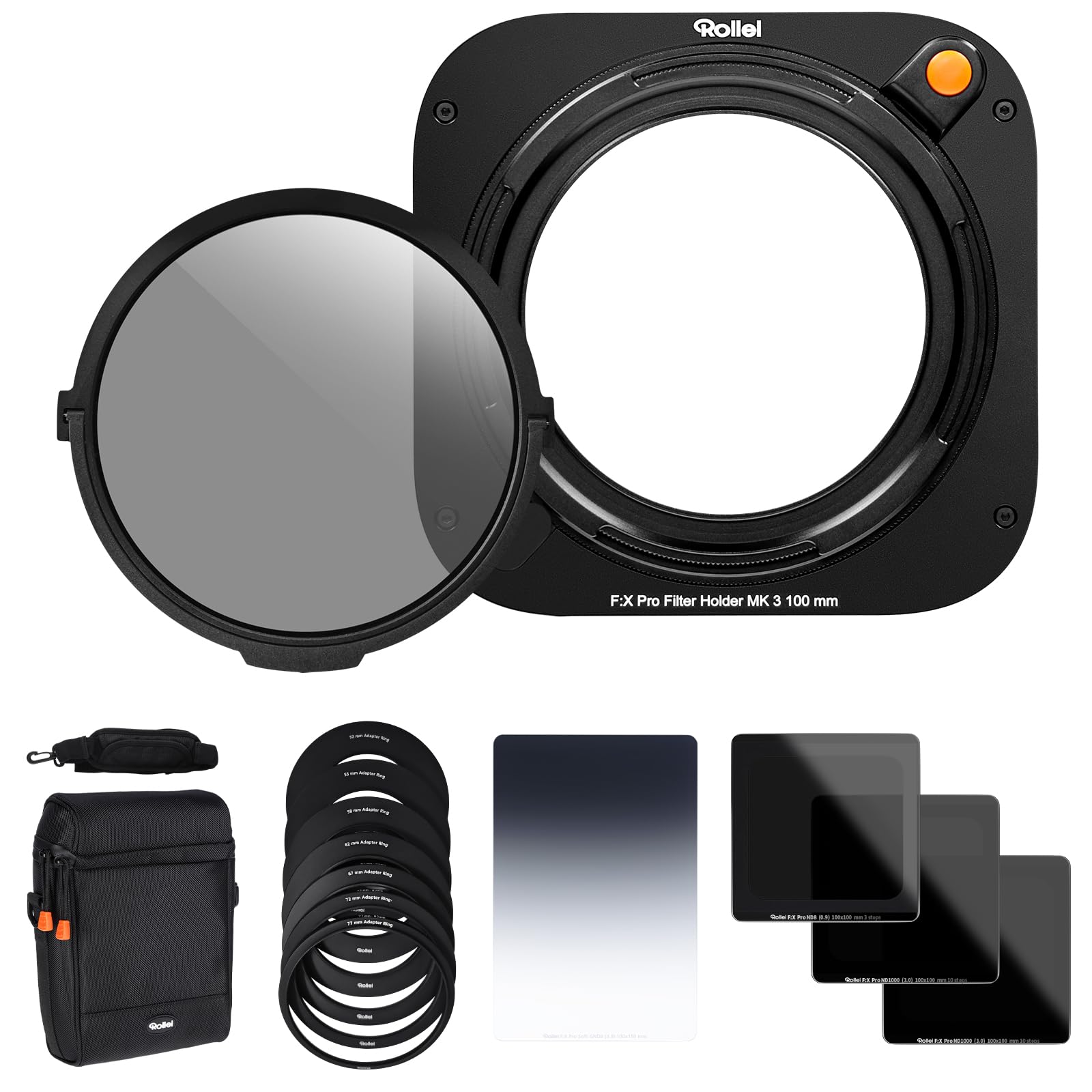 Rollei Filterhalter Master-Set MK 3. Rechteck-Filterhalter inkl. magnetischem CPL Filter, Adapterringen von 52 bis 82mm,Soft GND8-,ND8-,ND64-,ND1000
