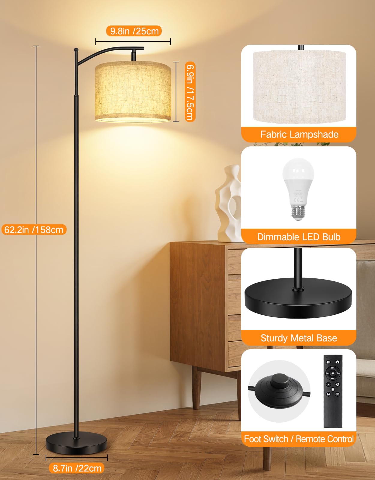OUTON Lampada da Terra Dimmerabile Continuo 3000K-6500K, LED con Telecomando Magnetico e Pedale, Timer 1H e Memoria, Testa Rotante 90°, Paralume in Lino Bambù, 9W, per Soggiorno Camera Ufficio