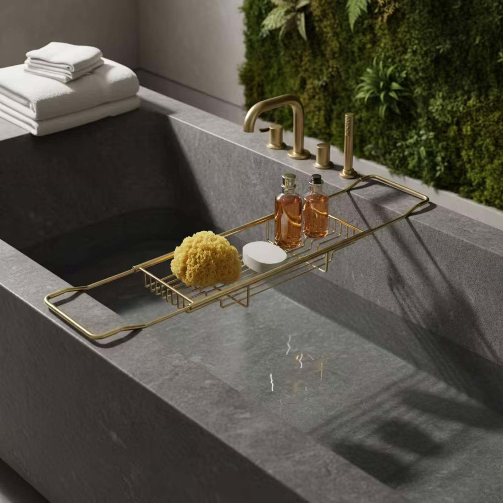 kowaku Mensola Vasca da Bagno Vassoio Vasca Ripiano Vasca Portavassoio Vasca Telescopico in Acciaio Inox con Supporto per Telefono E Vaschette Accessori, Oro Leggero Di Lusso, Versione Estesa