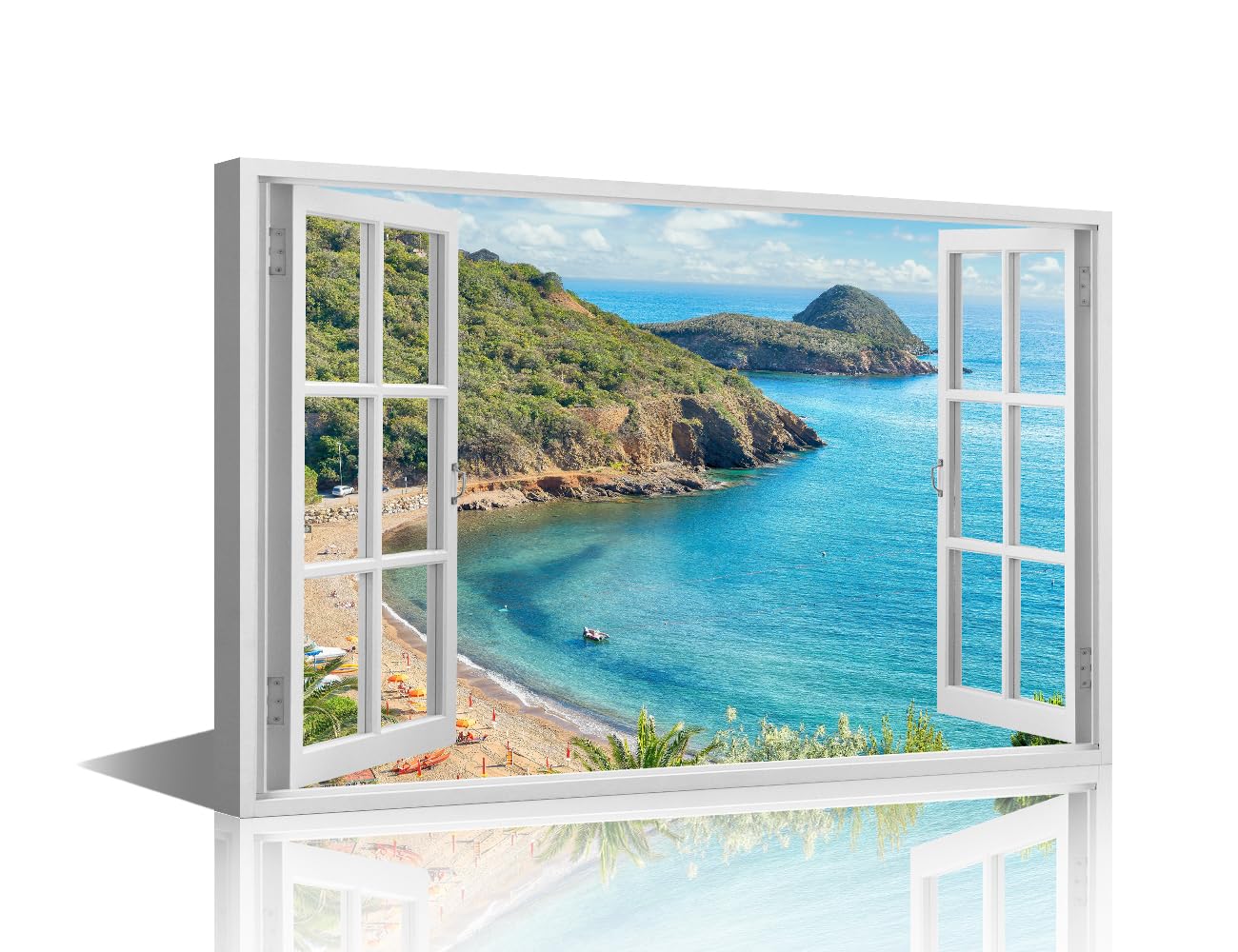 TISHIRON Seascape Wall Art 1 Piece 3D Fake Windows Pictures Canvas Print Nature Landscape Artwork for Home Walls Framed Painting for Bedroom Office Decorations, 24x16in