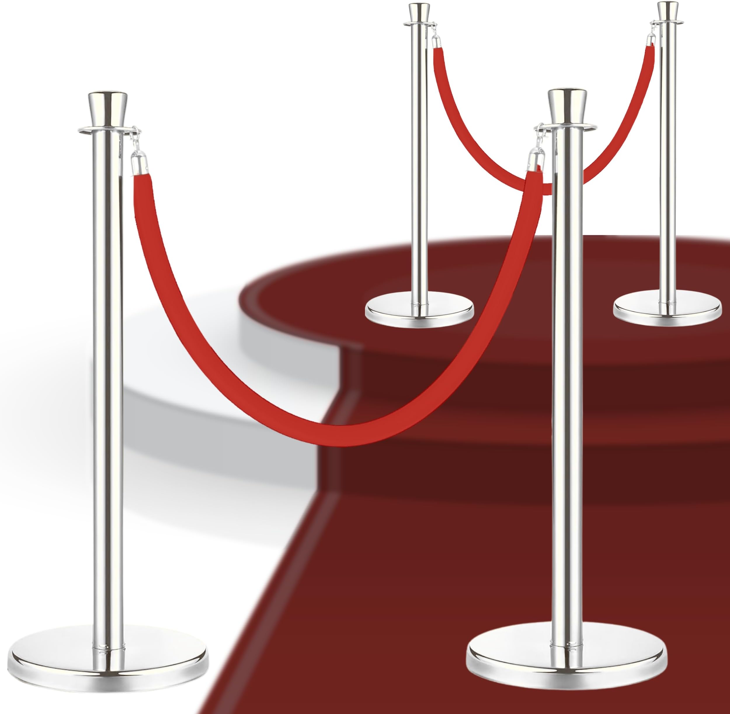 2PCS Silver Stanchions with 5FT Red Velvet Rope - Heavy Duty Crowd Control Barriers and Rope Safety Barriers for Events, Weddings, Red Carpet and Stanchion Set for Party - 39.4 Inch Post Height