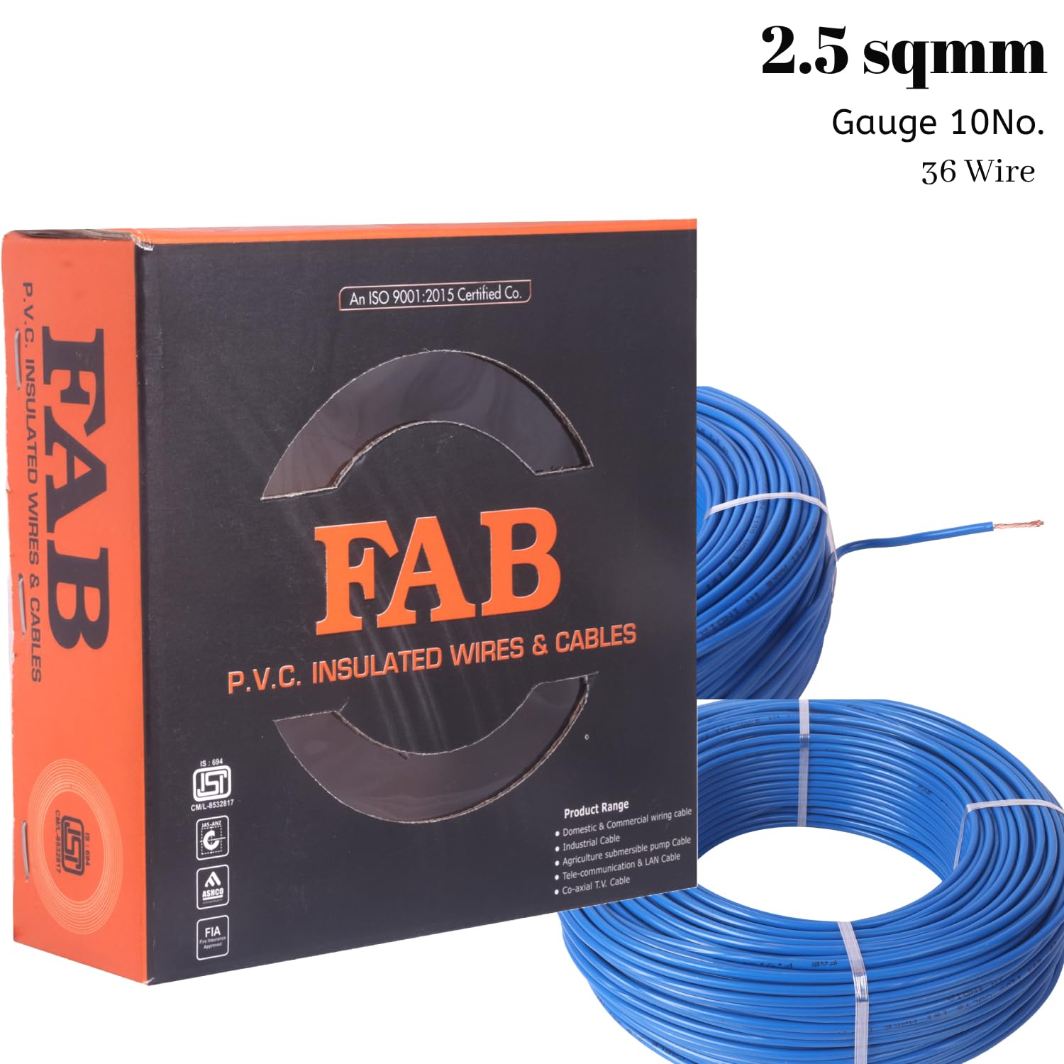 FAB 2.5 MM 90 MTR FR PVC Insulated CCA Copper Wire, Single Core Multi Strand House Cable for Gauge (10 No.) (Blue) 1