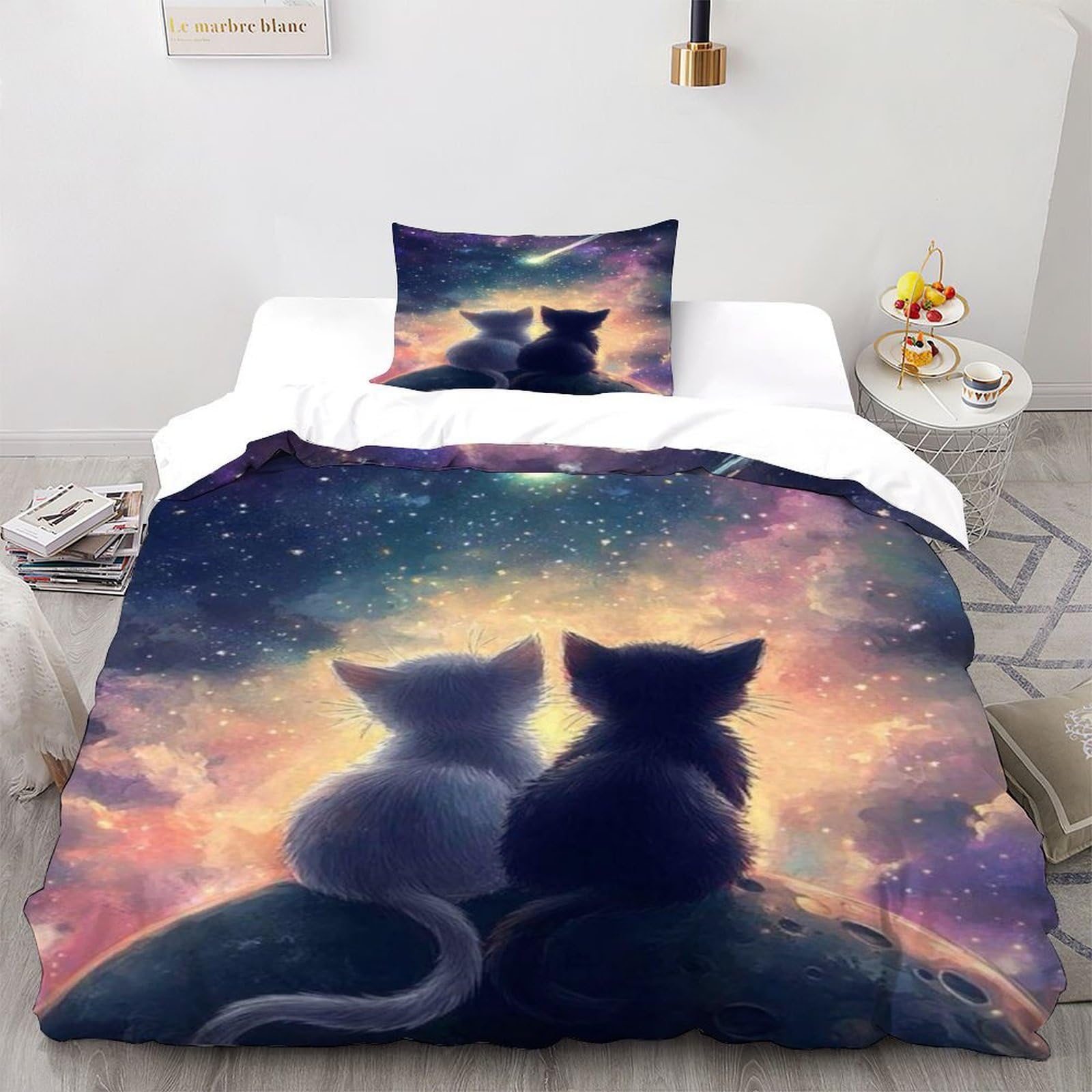 Parure de couette chatons galaxie microfibres pour lit 1 personne 135x200cm