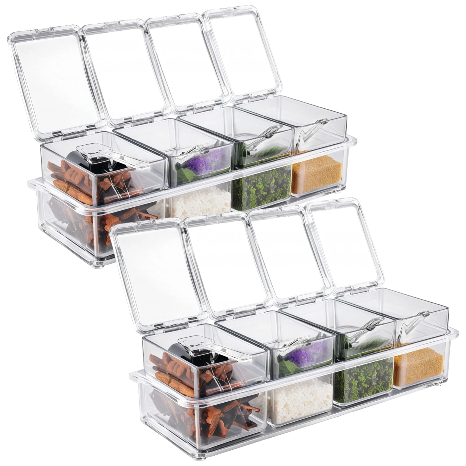 Calolin 2 Pcs 4-Compartment Spice and Topping Containers Set with Spoons, Clear Plastic Storage Boxes for Condiments, Ice Cream Toppings, and Seasonings, Leak-Proof and Dust-Free