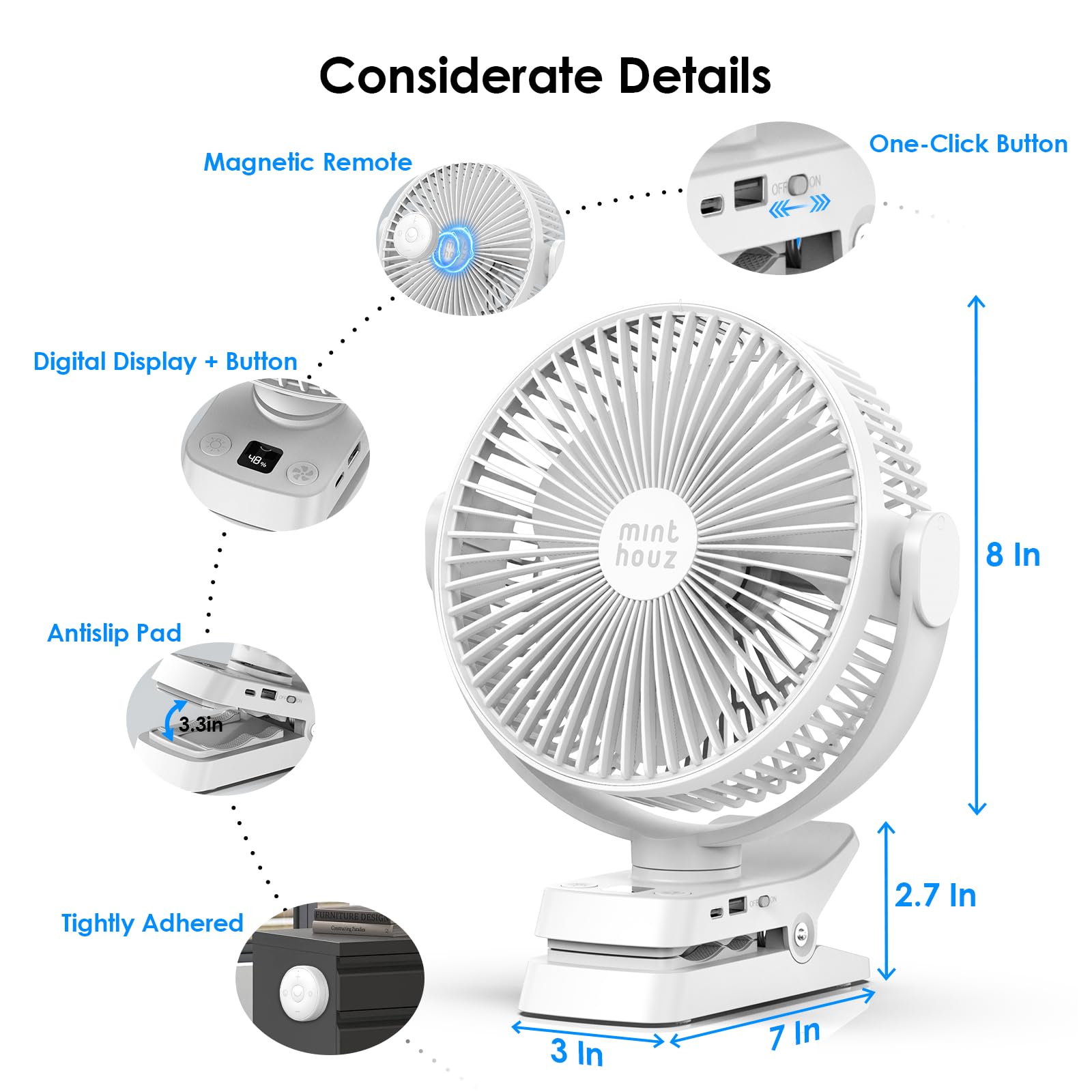 Minthouz Ventilatore a clip da 12000 mAh, ventilatore da tavolo USB da 20,3 cm, 5 livelli, 29 ore di autonomia, telecomando e indicatore LED, ventilatore portatile per casa, passeggino e campeggio