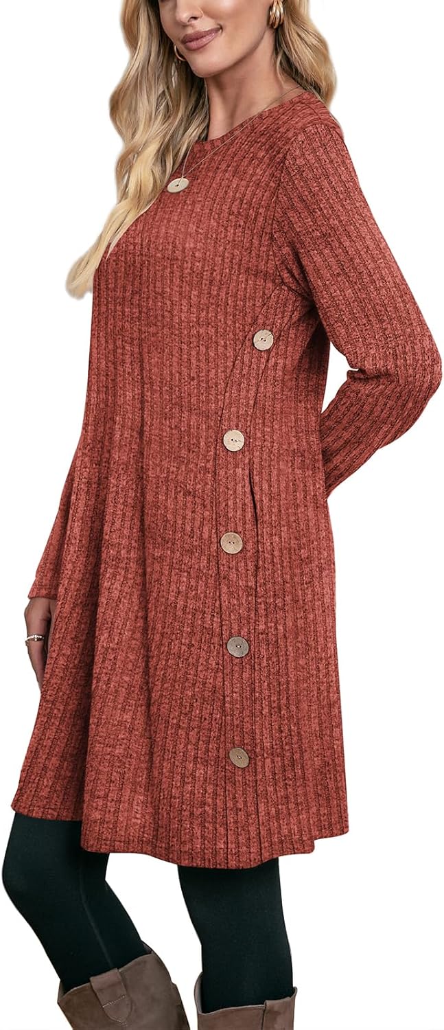 OFEEFAN Fall and Winter Tunic Dress with Pockets Long Sleeve Crew Neck Buttons Side - Image 4