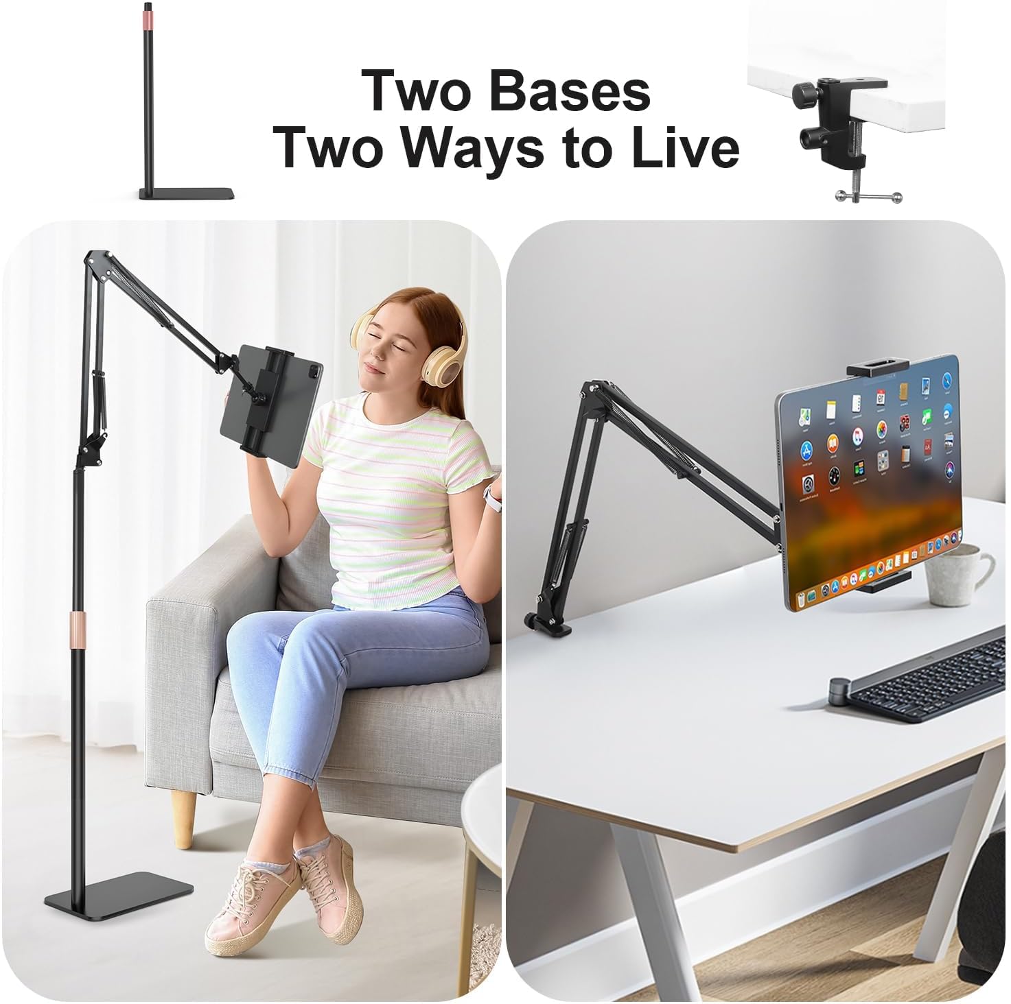 IceFun Tablet Floor Stand with Two Bases, Adjustable Universal Metal Tablet Stand Holder Supports Both Floor and Desktop Use，Compatible with iPad/iPhone/Kindle or Other 4.7”~13”Devices