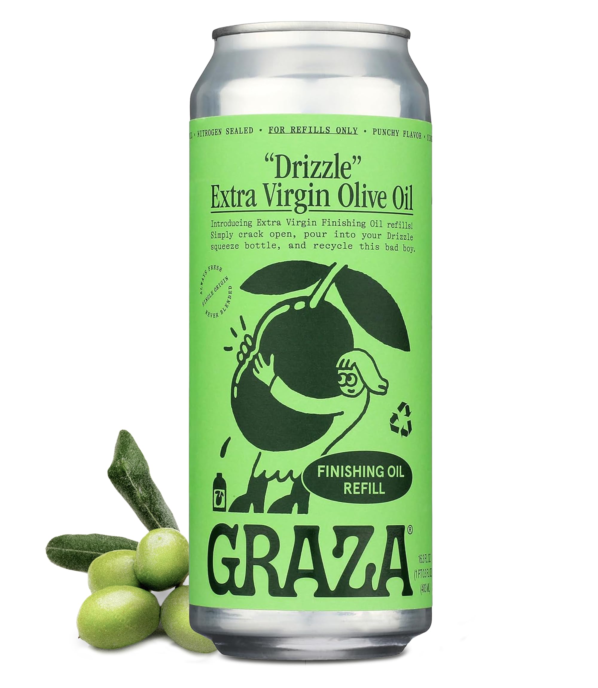 GrazaDrizzle Extra Virgin Olive Oil, Finishing Oil - High Polyphenol Early Harvest EVOO Finishing Oil in a Squeeze Bottle - Single Farm Olives from Spain - 16.9 Fl Oz (500ml) Refill Can[Amazon-developed Certification] Compact by Design