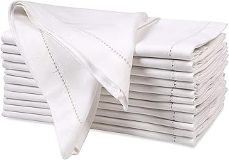 Ramanta HomeHemstitched Dinner Napkins Set of 12 - White, 18x18 Inches - Premium Textured Cotton Soft Cloth Napkins - Durable and Reusable for Weddings or Everyday Use