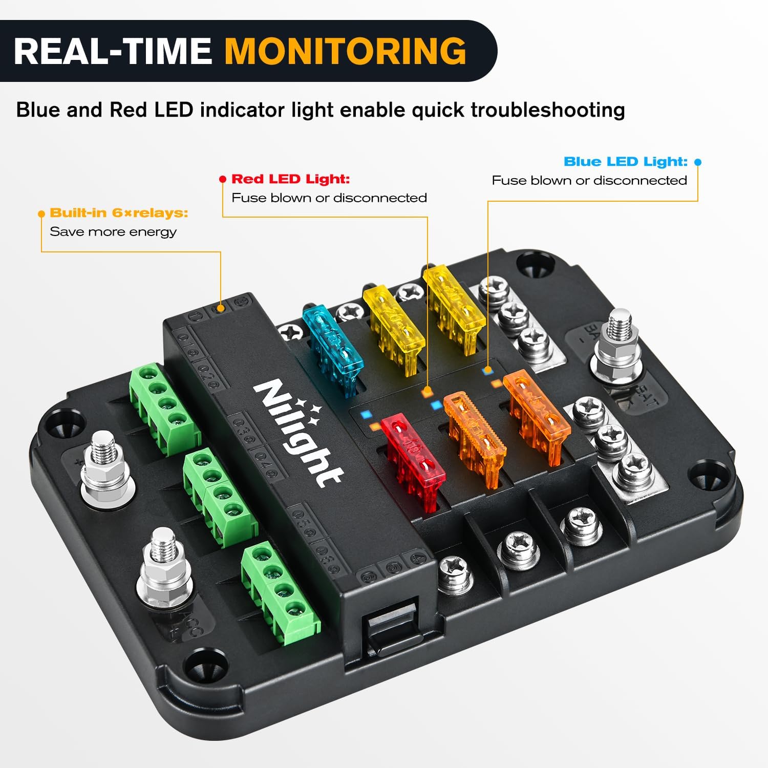 Nilight 6 Way Fuse Relay Block showing blue LED for normal operation and red LED for blown fuse, with built-in relays.