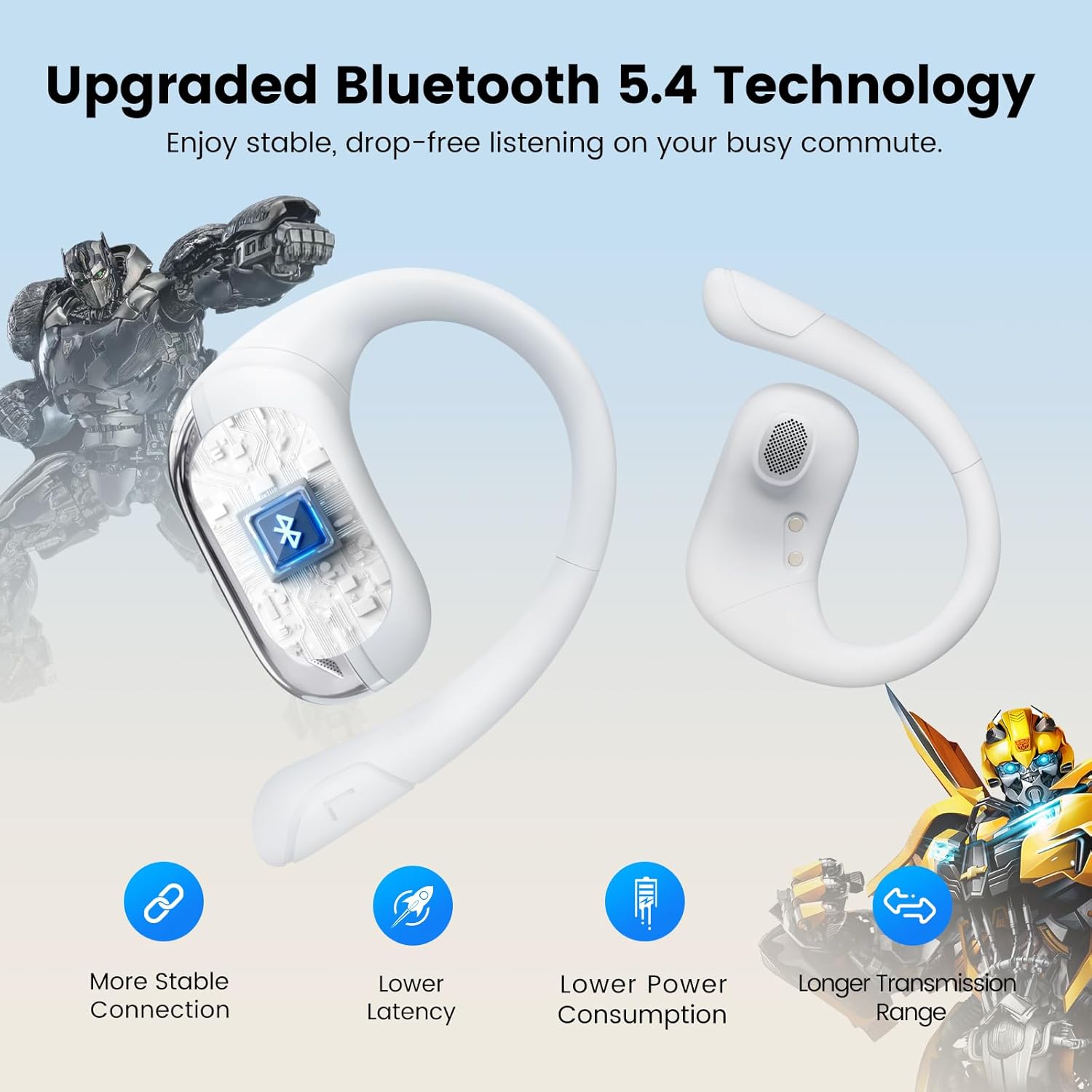 Transformers Open Ear Wireless Headphones Bluetooth 5.4 for Running & Workouts, Over The Ear Earbuds with IPX5 Waterproof Ear Hooks, Surround Sound, LED Display & Lanyard (White - Mirage)