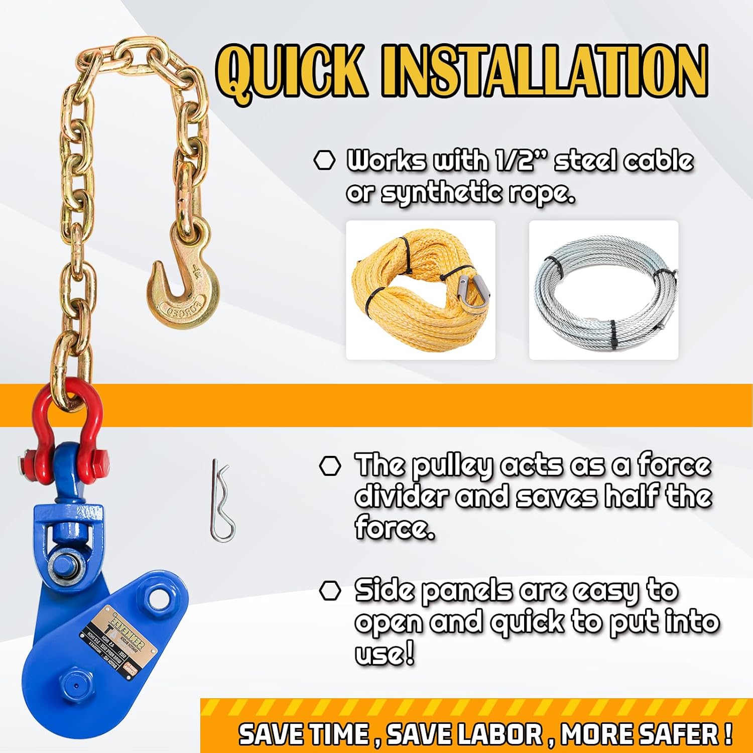 Upgraded Snatch Block with Chain, Snatch Block 4 Ton WLL, for 1/2 Inch Wire Ropes,Snatch Block Pulley for Towing and Recovery，Rollback Wrecker Car Carrier Tow Truck Accessories