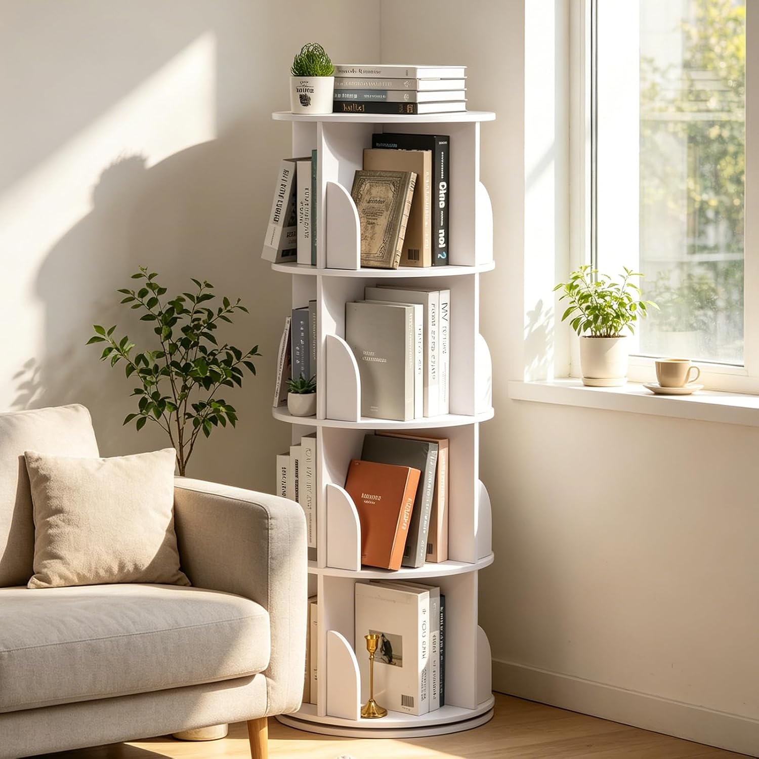 Rotating Bookshelf, 4-Tier Spinning Bookcase, Steel Base, White | 360° smooth rotation,large capacity,steel base stability,book shelf for kids rooms,kids book shelf