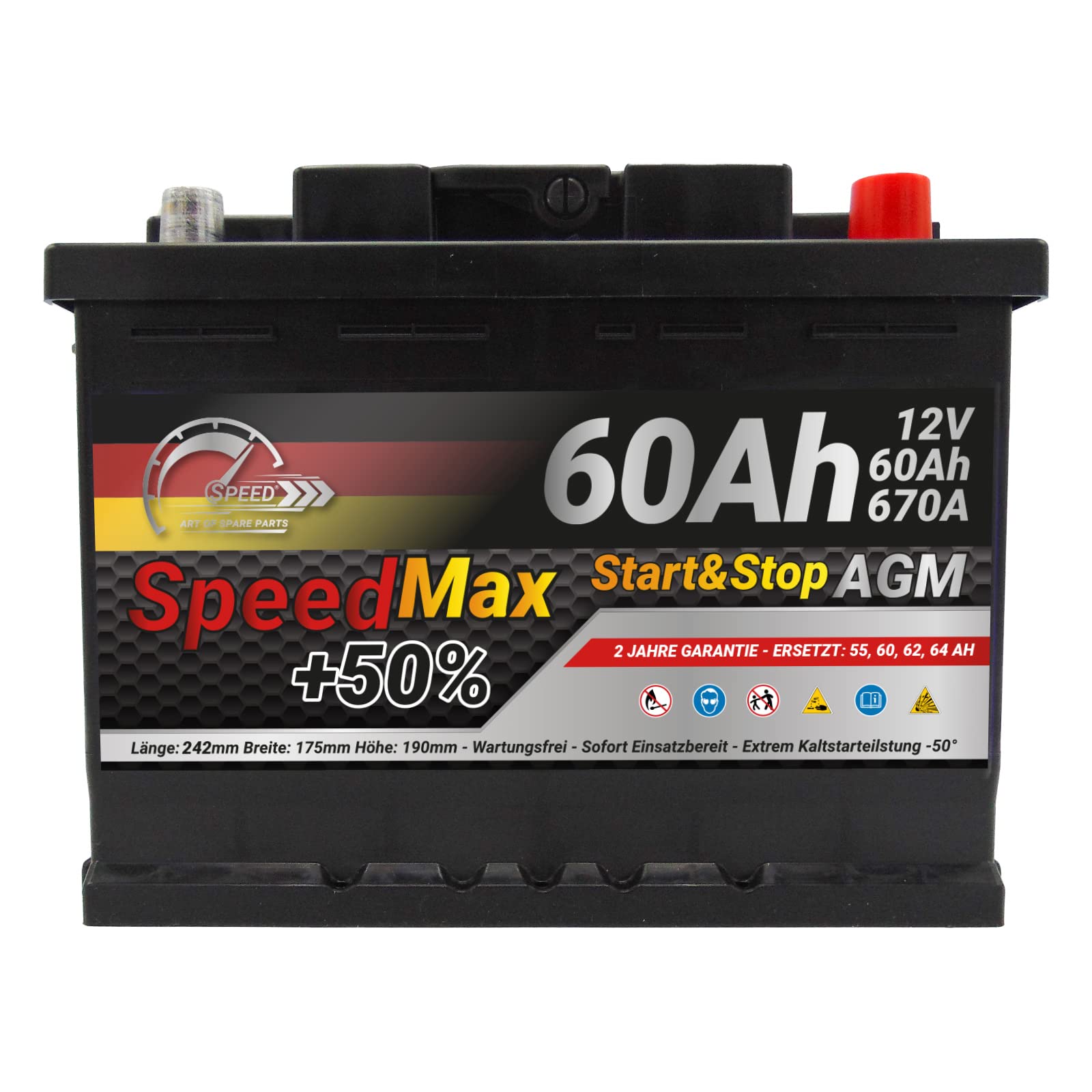 Batteria per auto Speed Max 60 Ah Tecnologia AGM 670A, adatto per veicoli con sistema Start Stop | adatto per veicoli con sistema Start Stop