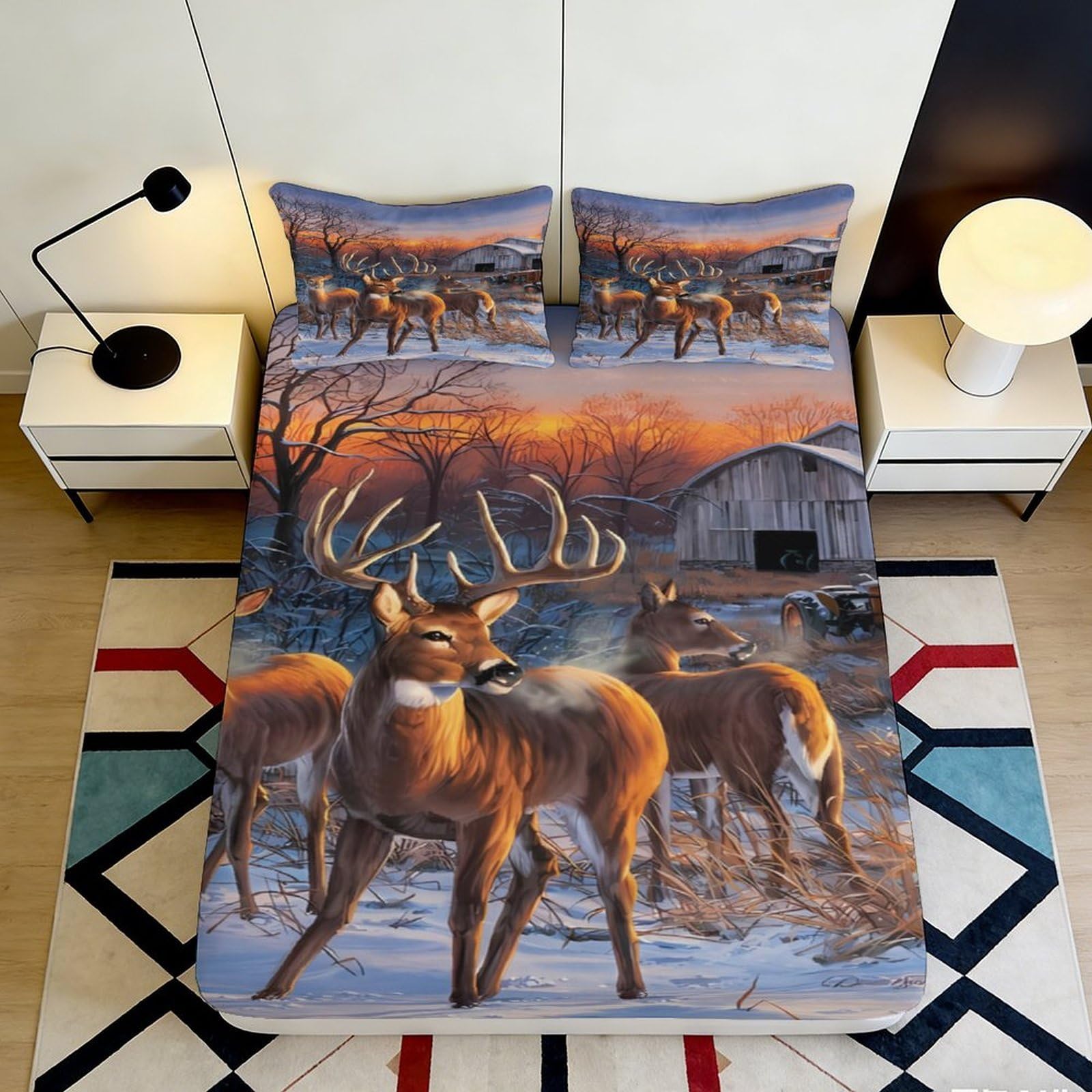 3D Printed Deer Forest Fitted Sheet Microfiber Soft Breathable Woodland Bed Cover for Bedroom Dorm Decor 90x200x25cm