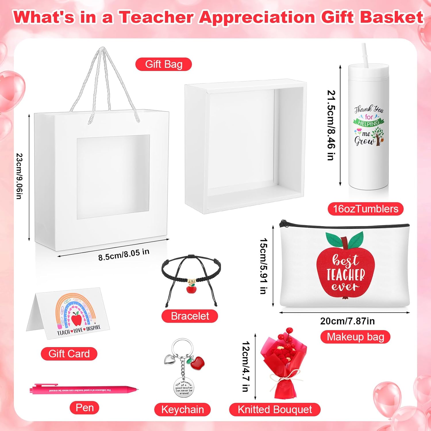 48 Pcs Teacher Appreciation Gifts Bulk for Women Thank You Tumblers with Straws Teacher Makeup Bags Bracelets Cards Keychains Pens Paper Gift Bags Artificial Flower Bouquets Sets - Image 2