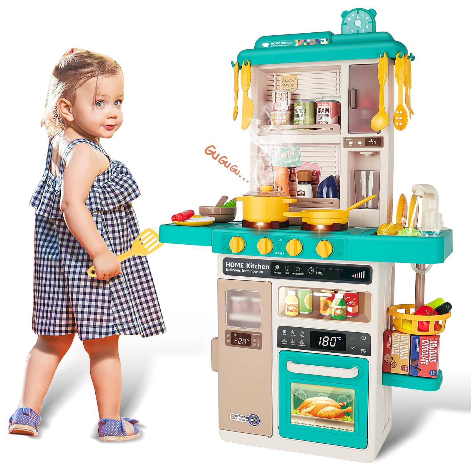 deAO Cocina Juguete Niños, Cocinas Infantiles Incluye 50 Accesorios, Grifo con Bomba de Agua, Luces, Sonoras y Vapor, Educativos Juego de Cocina para Niños, Regalos de Cumpleaños, Navidad +3 Años