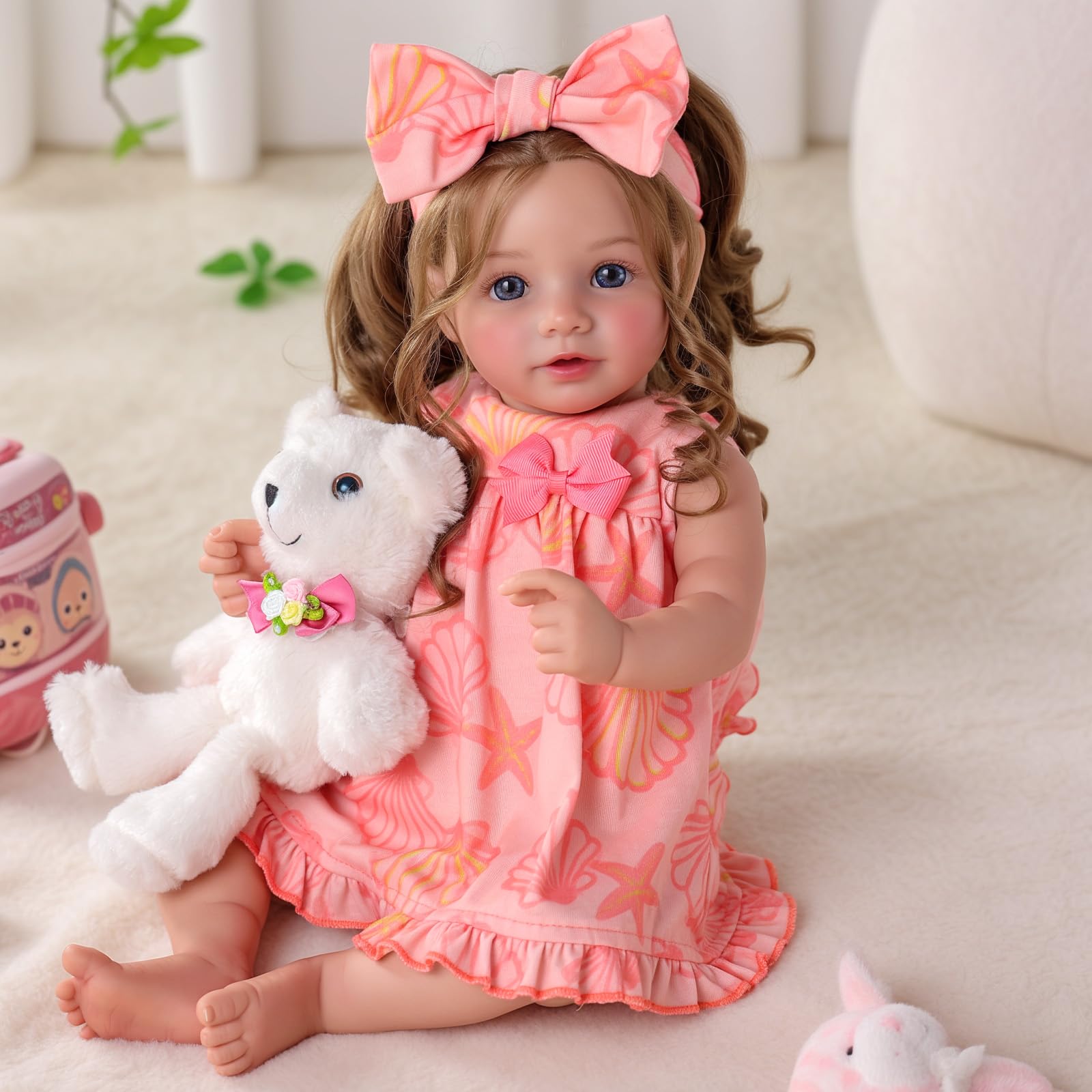 BABESIDE Lebensechte Reborn Babypuppe – 20 Zoll Realistische Reborn Puppe Mädchen mit Langen Lockigen Braunen Haaren, Weichem Stoffkörper, Outfit & Zubehör für Kinder ab 3 Jahren
