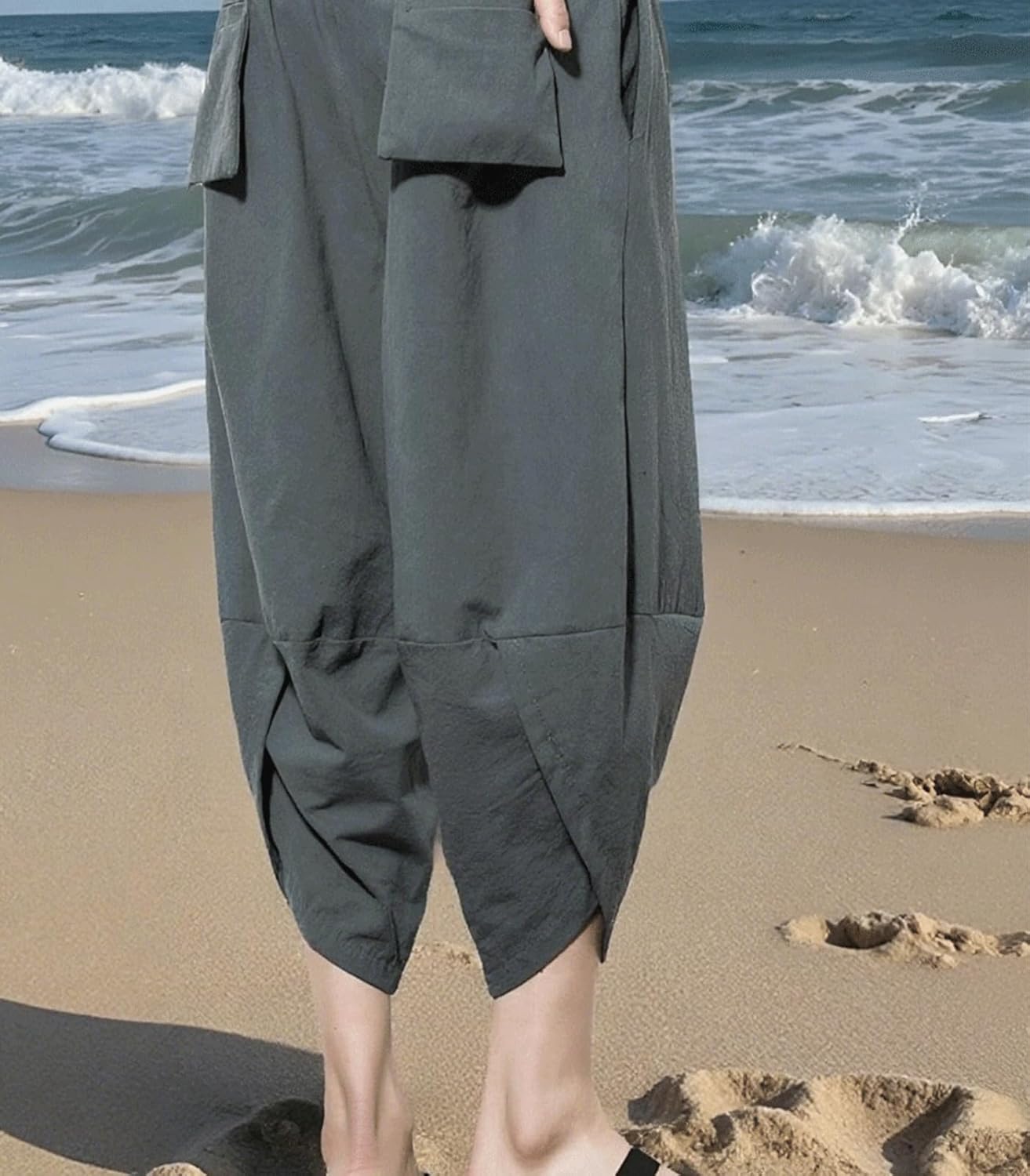 INVACHI Men's Harem Capri Pants Elastic Waist Loose Fit Drawstring Beach Yoga Trousers with Pockets - Image 2