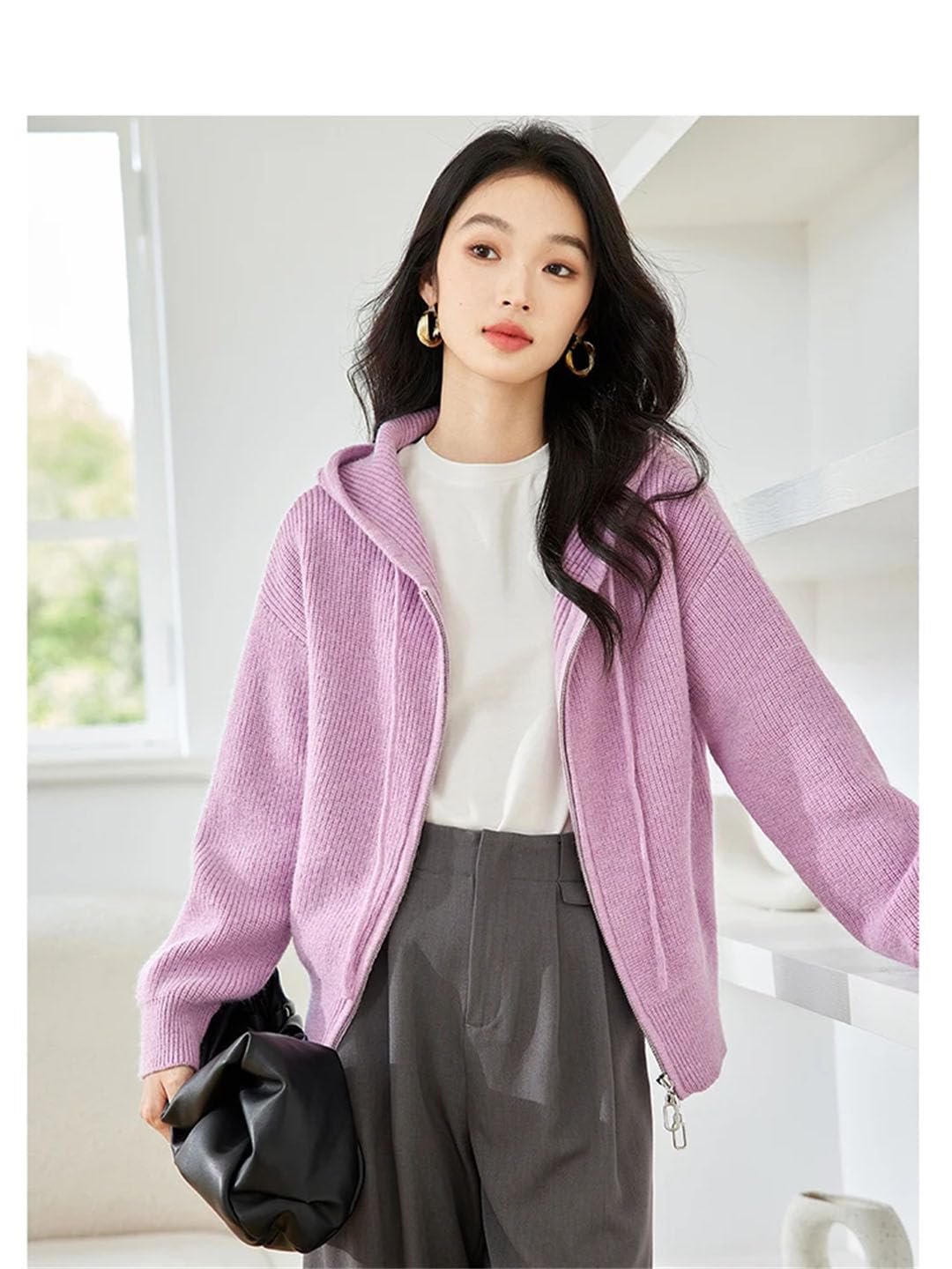 Cárdigan de punto simple con capucha para mujer, chaqueta con cremallera, abrigo sólido para viajeros perezosos