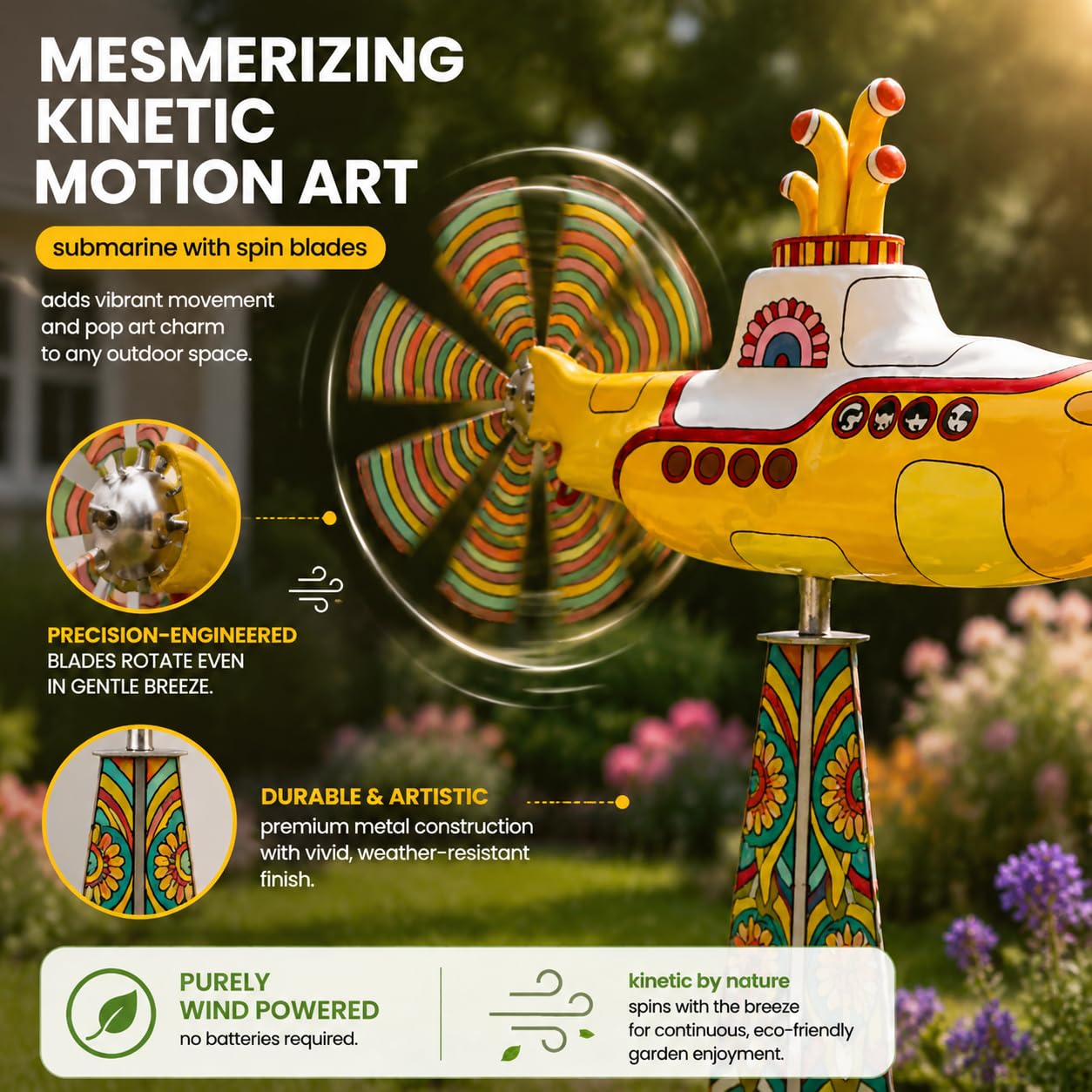 Moulin à vent sous-marin jaune - Décoration de jardin d'extérieur - Moulin à vent cinétique en métal robuste avec lames rotatives - Résistant aux UV - Pour terrasse, porche, maison et jardins