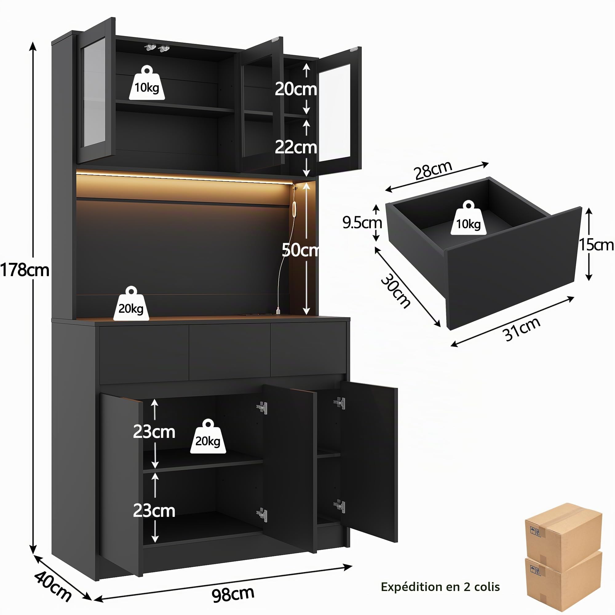Armoire de cuisine buffet avec buffet L-E-D pour cuisine avec station de charge, armoire haute avec plan de travail et 3 tiroirs, buffet de cuisine avec étagère réglable pour salle à manger