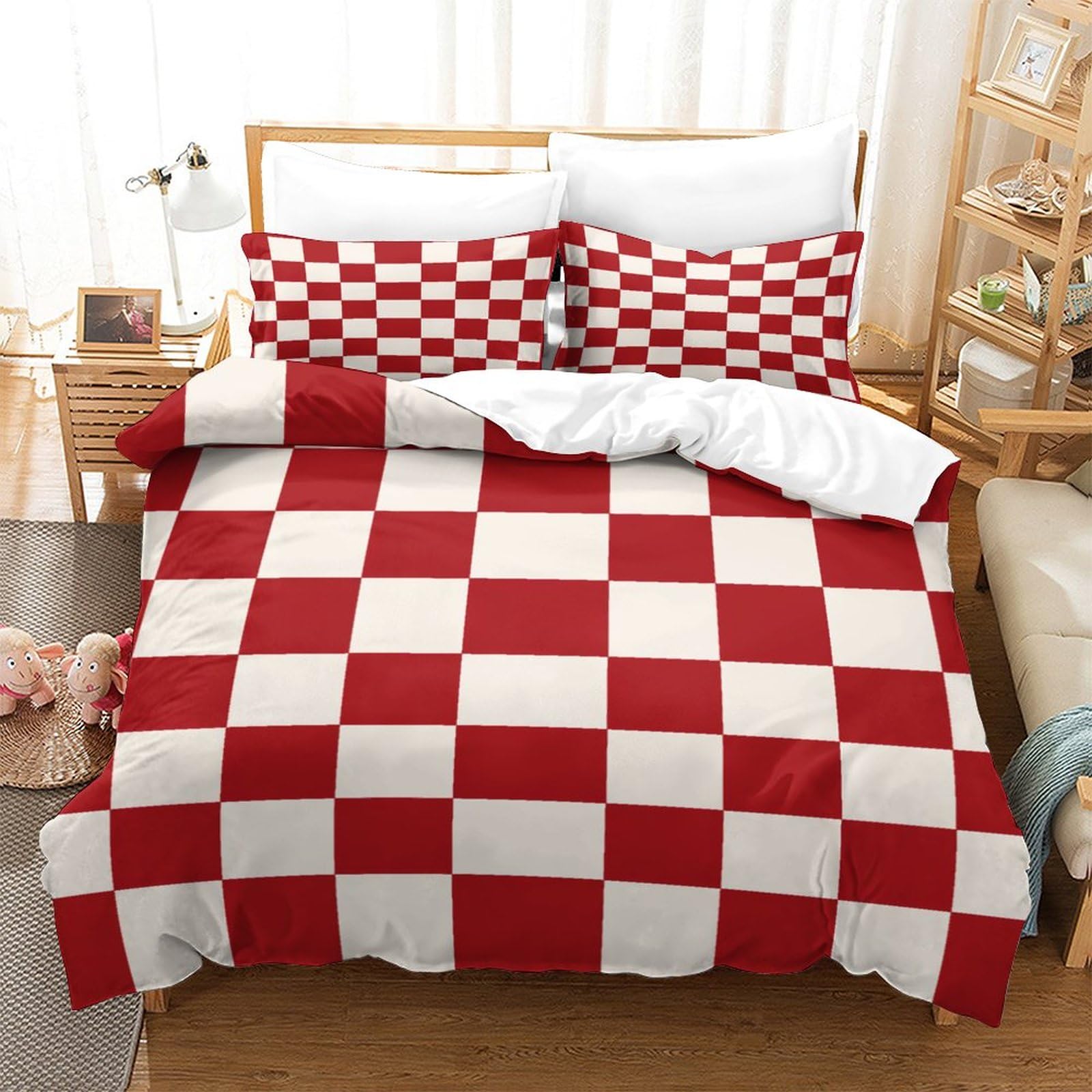 Pureant Orange Plaid Comforter Set King - Checkered Geometric Cotton Bedding Set With Pillowcases