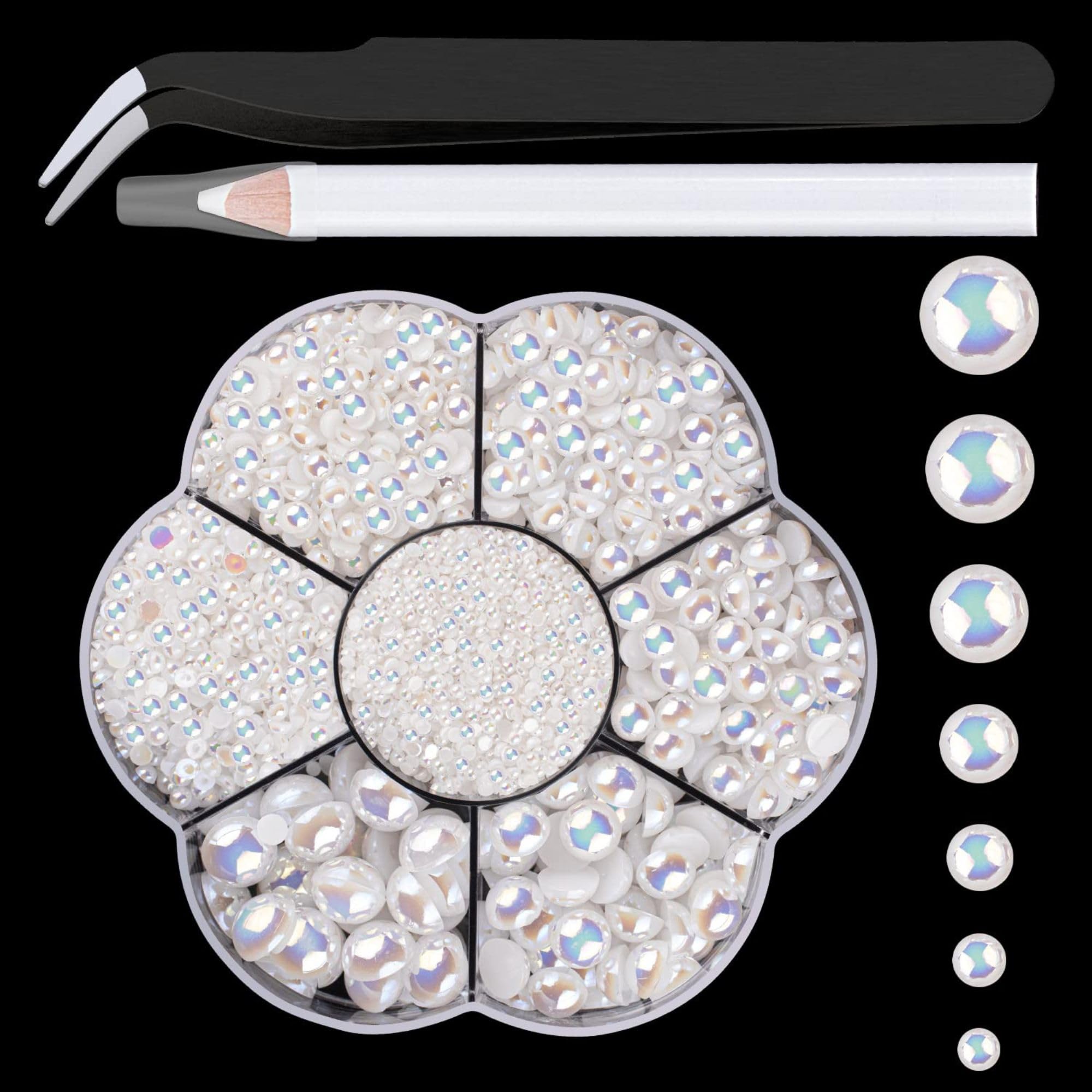 THR3E STROKES Nail Art Flat Back Half Round Pearl Kits 5, 1 Box of 2400 Pcs Flat-Back White AB Pearl with Tweezer and Picker Pencil for Home DIY Nails Body Face Craft and Salon Use (D59)