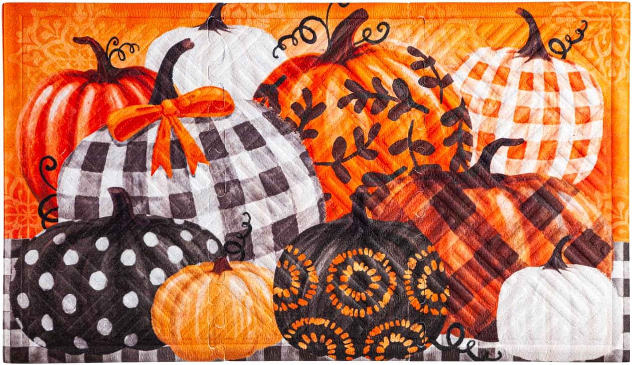 Evergreen Puzzle Mixed Pumpkins Embossed Mat 30 x 18 iches Indoor and Outdoor Decor