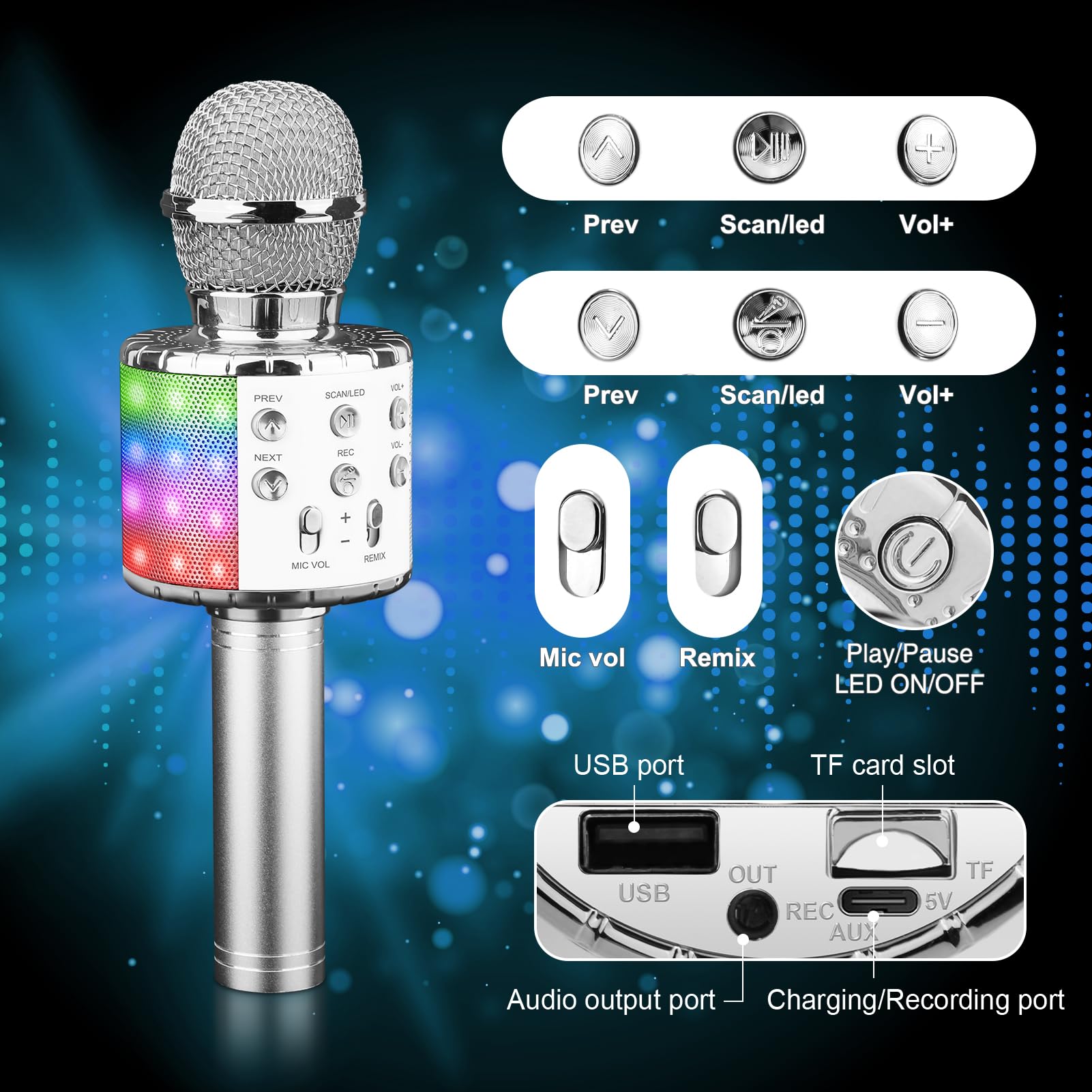 ShinePick Microfono Inalámbrico Karaoke, Micrófono Karaoke Bluetooth Portátil con Altavoz y LED para Niños Canta Partido Musica, Compatible con Android/iOS PC, AUX o Teléfono Inteligente (Plateado)
