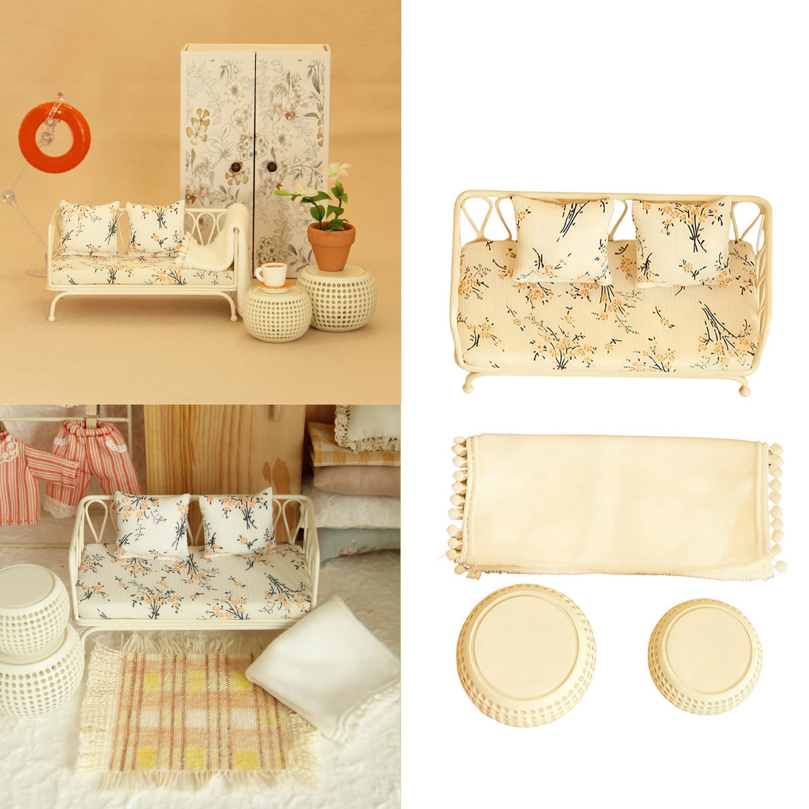 Set divani in miniatura 1/12 con tappeto con, White Set | Cuscino in tessuto con base in metallo per lo sviluppo ' immaginazione dei bambini con display del cuscino