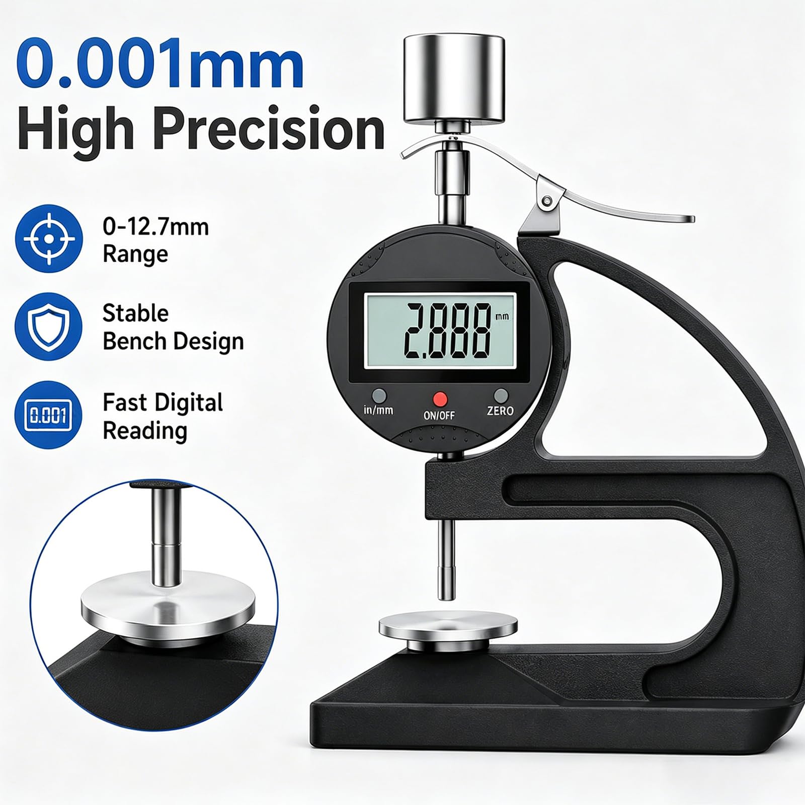 Cyfrowy miernik grubości, precyzyjny pomiar 0-12,7 mm, rozdzielczość 0,001 mm, wyświetlacz LCD do gumy, plastiku, papieru, skóry, folii i blachy