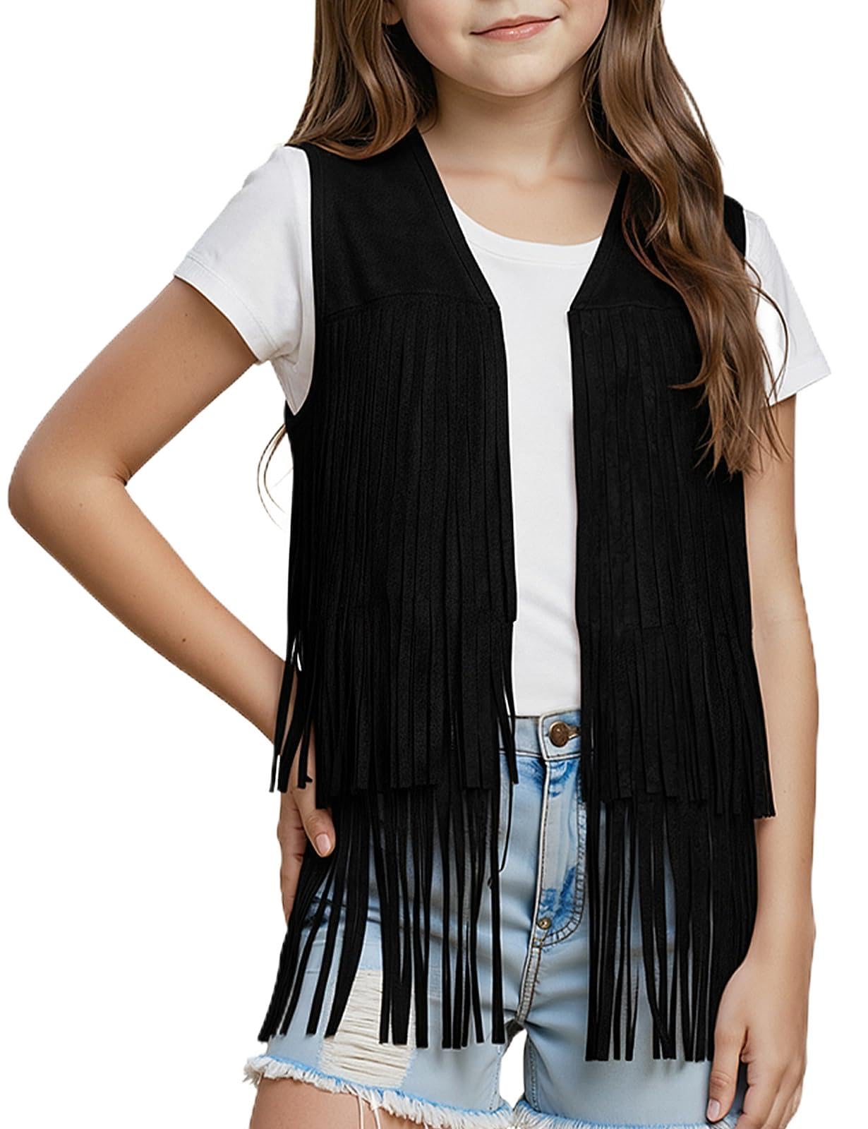 Spring&Gege Gilet à franges en faux cuir sauvage pour fille - Style hippie cowgirl western, sans manches