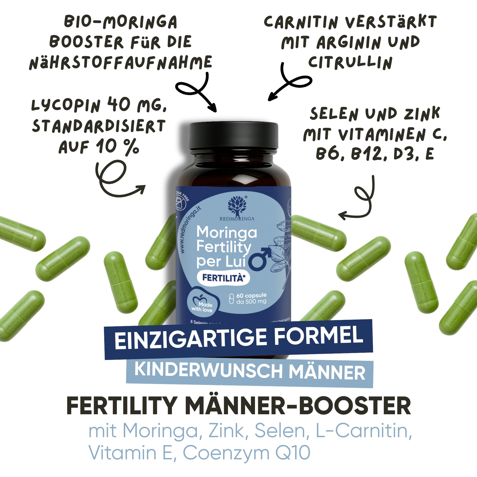 Kinderwunsch Mann Formel 180 Kapseln - Spermienqualität Verbessern mit Bio Moring, Coenzym Q10, L-Carnitin, L-Arginin, Zink, Selen - Made in Italy