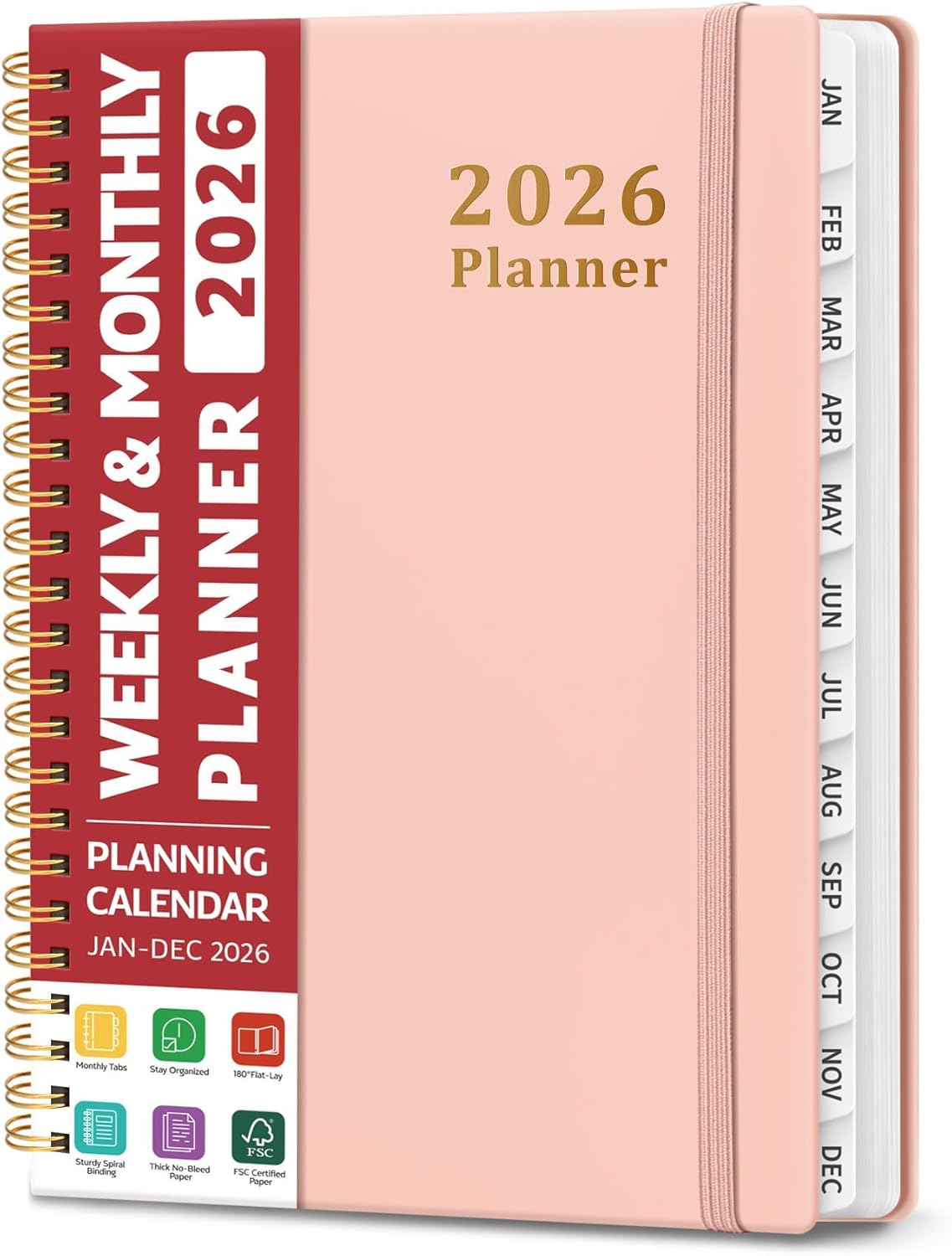 Taja 2026 Pink Planner: Hardcover Weekly Monthly Calendar with Tabs, Spiral Bound A5 (6.3x8.5") for Office Home School