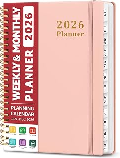 Taja 2026 Pink Planner: Hardcover Weekly Monthly Calendar with Tabs, Spiral Bound A5 (6.3x8.5") for Office Home School
