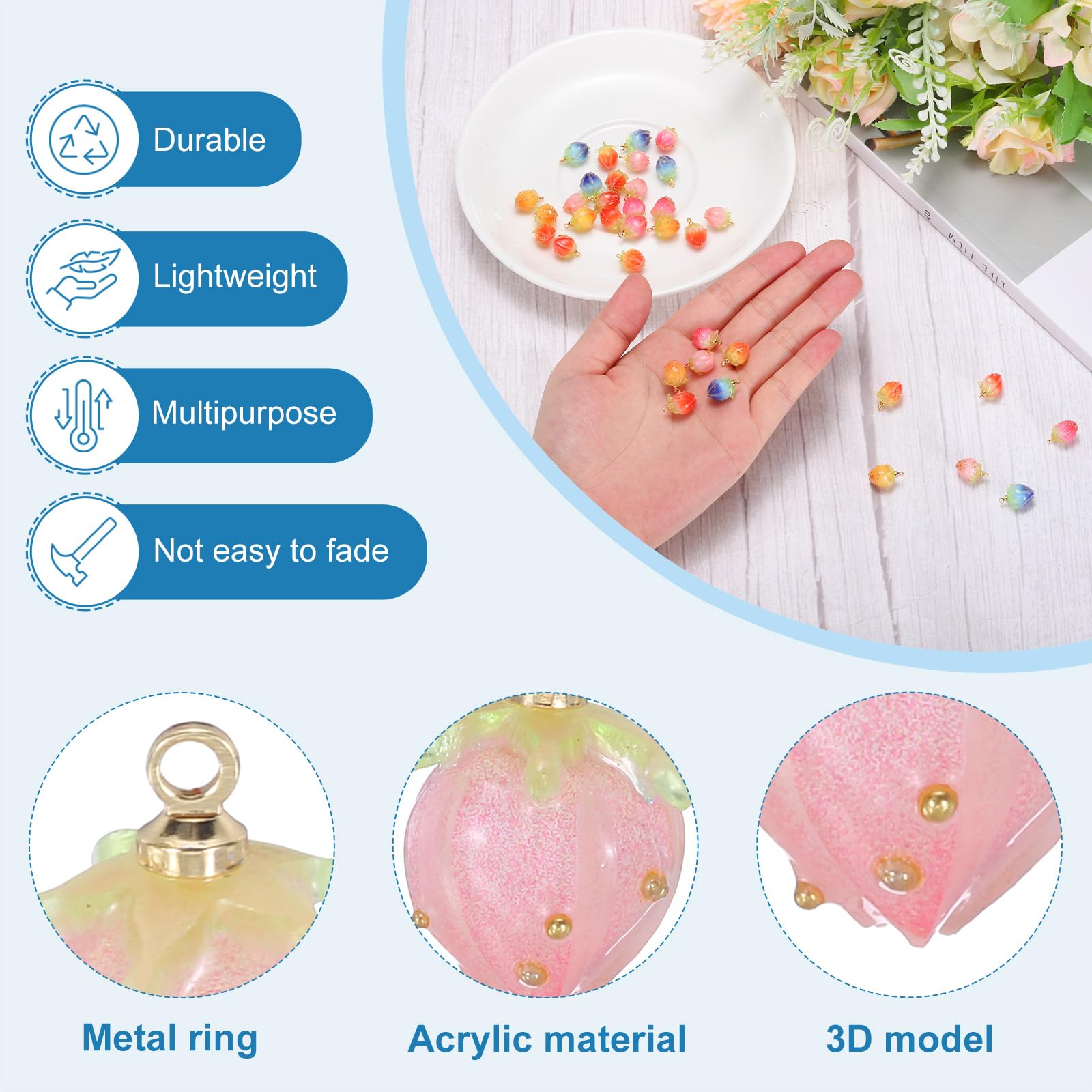 PATIKIL 0.6x0.4 Flower Beads, 6Pcs Acrylic Flower Buds Beads Mini Rose Charm for Bracelets Earrings, Necklaces - Image 3