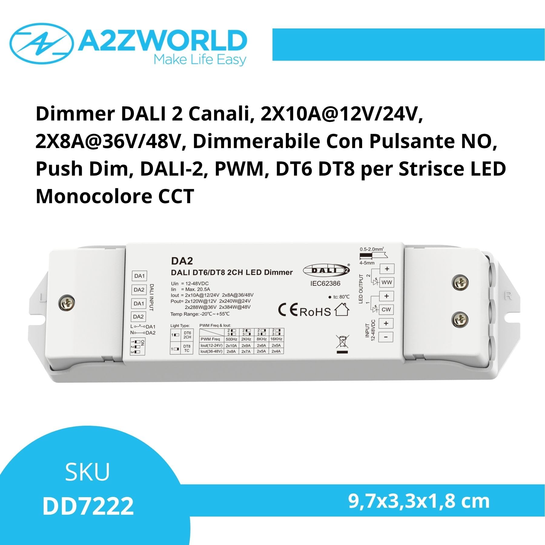 DALI - Regulador LED de 2 canales, regulable con botón NO, AC Push Dim, DALI-2, PWM, DT6 DT8 para tira LED monocolor CCT 12 V 24 V 36 V 48 V, 2 x 10 A @ 12 V/24 V, 2 x 8 A @ 36 V/48 V